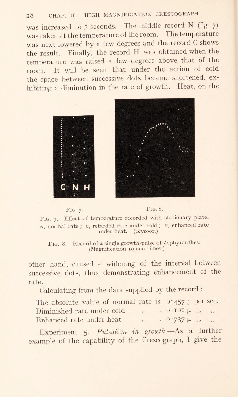 was increased to 5 seconds. The middle record N (fig. 7) was taken at the temperature of the room. The temperature was next lowered by a few degrees and the record C shows the result. Tinally, the record H was obtained when the temperature was raised a few degrees above that of the room. It will be seen that under the action of cold the space between successive dots became shortened, ex- hibiting a diminution in the rate of growth. Heat, on the Fig. 7. Fig. 8. Fig. 7. Effect of temperature recorded with stationary plate. n, normal rate ; c, retarded rate under cold ; h, enhanced rate under heat. (Kysoor.) Fig. 8. Record of a single growth-pulse of Zephyranthes. (Magnification 10,000 times.) other hand, caused a widening of the interval between successive dots, thus demonstrating enhancement of the rate. Calculating from the data supplied by the record : The absolute value of normal rate is 0*457 g per sec. Diminished rate under cold . . o-ioiu ,, ,, Enhanced rate under heat . . °'737 b >> Experiment 5- Pulsation in growth.—As a further example of the capability of the Crescograph, I give the