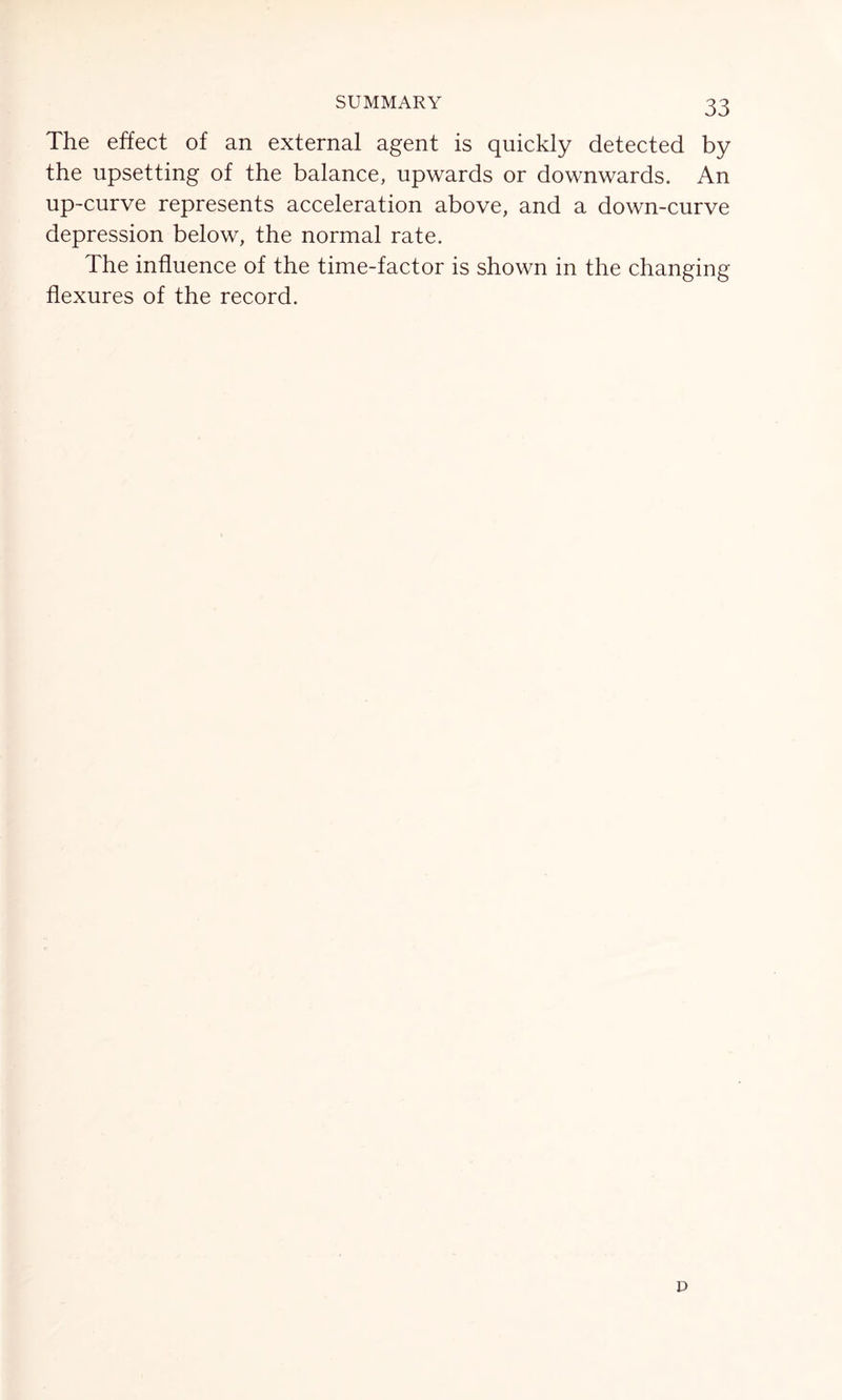 SUMMARY The effect of an external agent is quickly detected by the upsetting of the balance, upwards or downwards. An up-curve represents acceleration above, and a down-curve depression below, the normal rate. The influence of the time-factor is shown in the changing flexures of the record. D