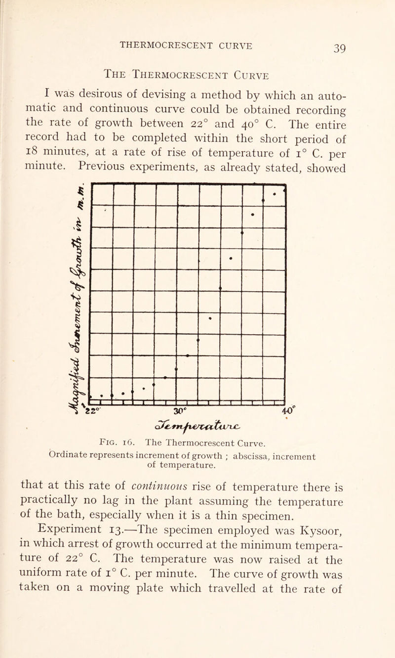 THERMOCRESCENT CURVE The Thermocrescent Curve I was desirous of devising a method by which an auto- matic and continuous curve could be obtained recording the rate of growth between 220 and 40° C. The entire record had to be completed within the short period of 18 minutes, at a rate of rise of temperature of i° C. per minute. Previous experiments, as already stated, showed 1 4 * i • • • » • < i 1—1 1 1 J 1 —1 —l— 22£ 40 30* Fig. 16. The Thermocrescent Curve. Ordinate represents increment of growth ; abscissa, increment of temperature. that at this rate of continuous rise of temperature there is practically no lag in the plant assuming the temperature of the bath, especially when it is a thin specimen. Experiment 13.— The specimen employed was Kysoor, in which arrest of growth occurred at the minimum tempera- ture of 220 C. The temperature was now raised at the uniform rate of i° C. per minute. The curve of growth was taken on a moving plate which travelled at the rate of