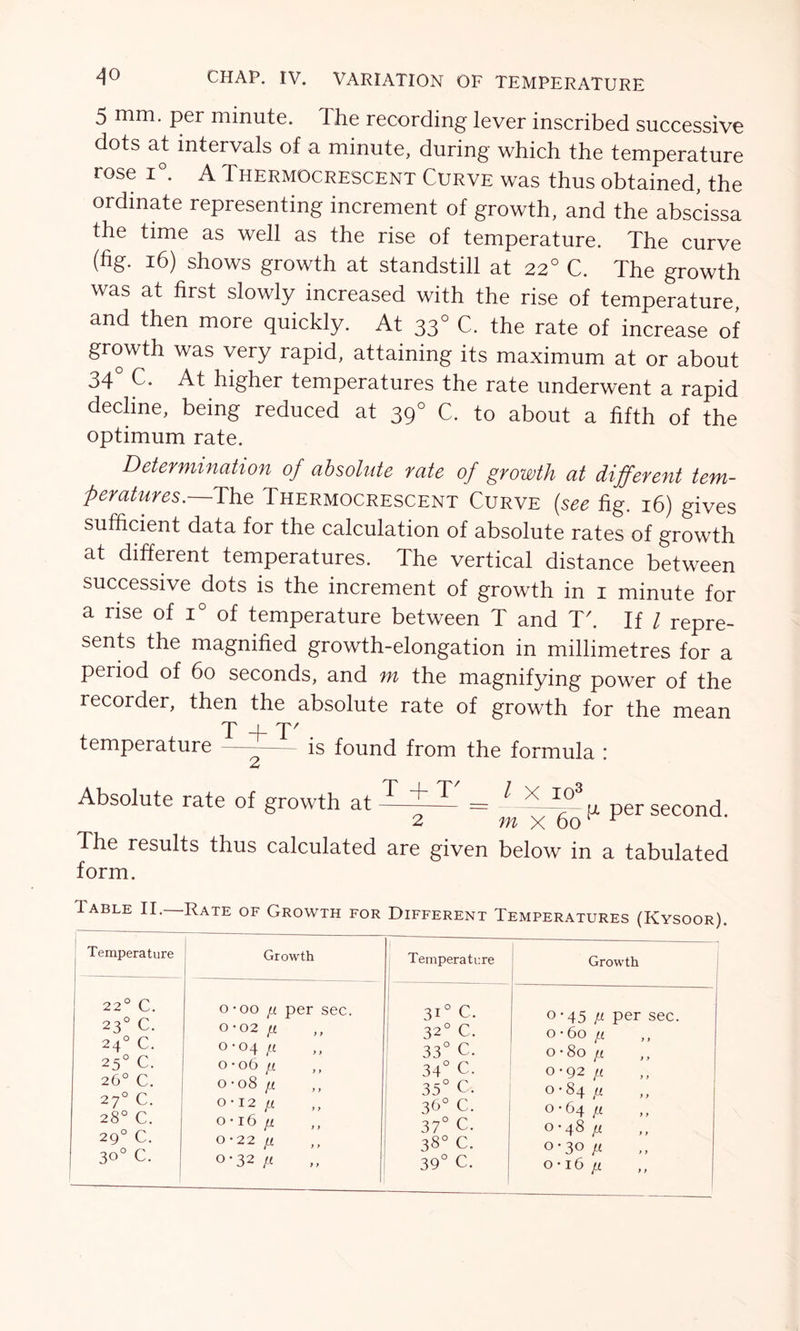 5 mm. per minute. The recording lever inscribed successive dots at intervals of a minute, during which the temperature rose i°. A Thermocrescent Curve was thus obtained, the ordinate representing increment of growth, and the abscissa the time as well as the rise of temperature. The curve (fig. 16) shows growth at standstill at 22° C. The growth was at first slowly increased with the rise of temperature, and then more quickly. At 330 C. the rate of increase of growth was very rapid, attaining its maximum at or about 34° C. At higher temperatures the rate underwent a rapid decline, being reduced at 390 C. to about a fifth of the optimum rate. Determination of absolute rate of growth at different tem- peratures.—The Thermocrescent Curve (see fig. 16) gives sufficient data for the calculation of absolute rates of growth at different temperatures. The vertical distance between successive dots is the increment of growth in 1 minute for a rise of i° of temperature between T and T'. If l repre- sents the magnified growth-elongation in millimetres for a period of 60 seconds, and m the magnifying power of the recorder, then the absolute rate of growth for the mean T 4- T' temperature — is found from the formula : £ Absolute rate of growth at—~^ g per second. 2 m x 00 The results thus calculated are given below in a tabulated form. Table II.—Rate of Growth for Different Temperatures (Kysoor). Temperature 22° c. 23° C. 24° C. 250 C. 26° C. 270 C. 28° c. 290 c. 30° c. Growth o-oo [i per sec. 0-02/1 °-°4 H o-o6/{ o • o 8 ft °-I2 ft °‘i6 ft 0-22 ft °-32 ft Temperature Growth 31° C. °*45 ft per sec. 32° c. °-6o ft 33° C. °-8o ft 34° C. O'92 ft 35° C. 0-84 ft 36° C. 0-64 ft 37° C. 0 ‘ 48 ft 38° c. 0-30 ft 39° C. O'16 ft