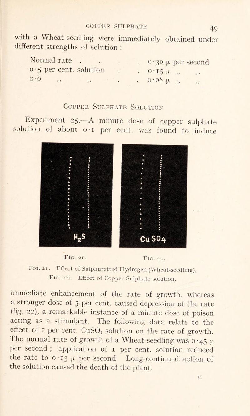 COPPER SULPHATE with a Wheat-seedling were immediately obtained under different strengths of solution : Normal rate . . . 0-30 g per second 0-5 per cent, solution . . 0-15 g „ 2 ’ 0 >> , > • • 0 * 08 [JL ,, ,, Copper Sulphate Solution Experiment 25.—A minute dose of copper sulphate solution of about o-i per cent, was found to induce 1 H2S I CUSO4 Fig. 21. Fig. 22. Fig. 21. Effect of Sulphuretted Flydrogen (Wheat-seedling). Fig. 22. Effect of Copper Sulphate solution. immediate enhancement of the rate of growth, whereas a stronger dose of 5 per cent, caused depression of the rate (fig. 22), a remarkable instance of a minute dose of poison acting as a stimulant. The following data relate to the effect of 1 per cent. CuS04 solution on the rate of growth. The normal rate of growth of a Wheat-seedling was 0-45 g per second ; application of 1 per cent, solution reduced the rate to 0-13 g per second. Long-continued action of the solution caused the death of the plant.