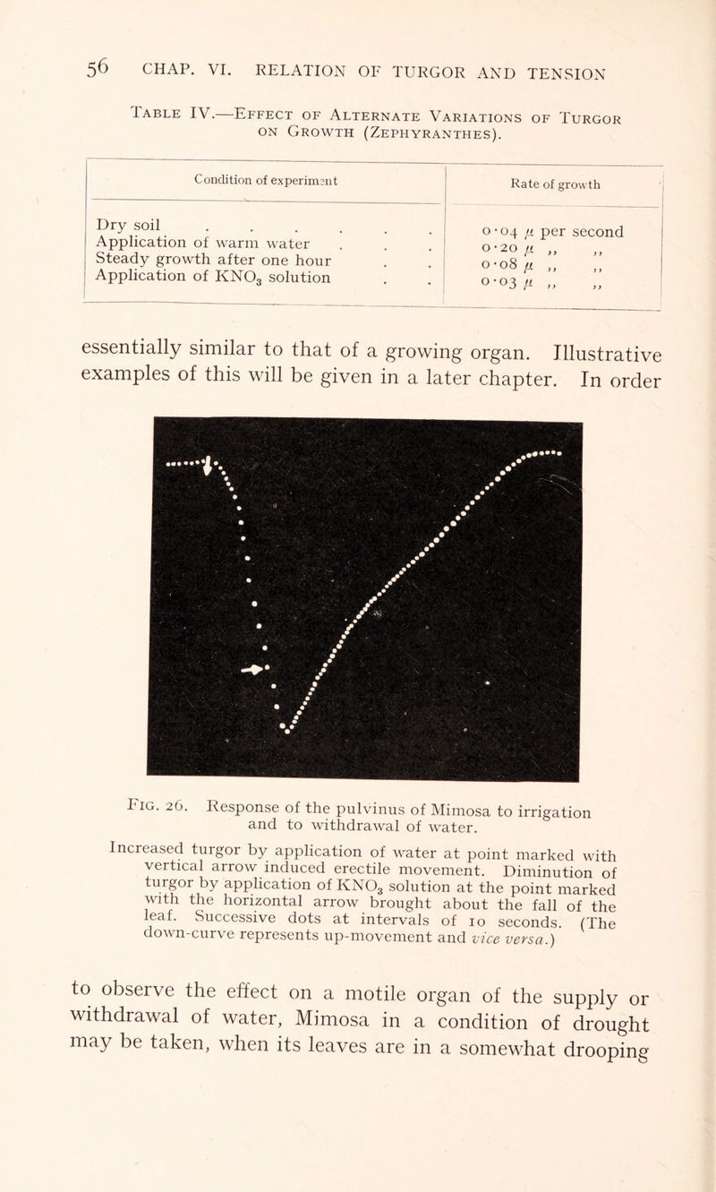 Table IV.—Effect of Alternate Variations of Turgor on Growth (Zephyranthes). Condition of experiment Rate of growth Dry soil ..... Application of warm water Steady growth after one hour Application of KN03 solution 1 0-04 y per second. 0-20 n „ °*o8y „ °'°3 p „ essentially similar to that of a growing organ. Illustrative examples of this will be given in a later chapter. In order Fig. 26. Response of the pulvinus of Mimosa to irrigation and to withdrawal of water. Increased turgor by application of water at point marked with vertical arrow induced erectile movement. Diminution of turgor by application of KNOa solution at the point marked with the horizontal arrow brought about the fall of the leaf. Successive dots at intervals of 10 seconds. (The down-curve represents up-movement and vice versa.) to observe the effect on a motile organ of the supply or withdrawal of water, Mimosa in a condition of drought may be taken, when its leaves are in a somewhat drooping