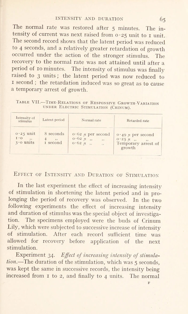 The normal rate was restored after 5 minutes. The in- tensity of current was next raised from 0-25 unit to 1 unit. The second record shows that the latent period was reduced to 4 seconds, and a relatively greater retardation of growth occurred under the action of the stronger stimulus. The recovery to the normal rate was not attained until after a period of 10 minutes. The intensity of stimulus was finally raised to 3 units ; the latent period was now reduced to 1 second ; the retardation induced was so great as to cause a temporary arrest of growth. I able VII.—Time-Relations of Responsive Growth-Variation under Electric Stimulation (Crinum). Intensity of stimulus Latent period Normal rate Retarded rate 0 • 25 unit 1 -o 3 -o units 8 seconds 4 > > 1 second 0-62 per second 0-62 u. ,, 0*62 /( „ 0 • 49 /< per second 0-25 fi ,, Temporary arrest of growth — 1 Effect of Intensity and Duration of Stimulation In the last experiment the effect of increasing intensity of stimulation in shortening the latent period and in pro- longing the period of recovery was observed. In the two following experiments the effect of increasing intensity and duration of stimulus was the special object of investiga- tion. The specimens employed were the buds of Crinum Lily, which were subjected to successive increase of intensity of stimulation. After each record sufficient time was allowed for recovery before application of the next stimulation. Experiment 34. Effect of increasing intensity of stimula- tion.—The duration of the stimulation, which was 5 seconds, was kept the same in successive records, the intensity being increased from i to 2, and finally to 4 units. The normal