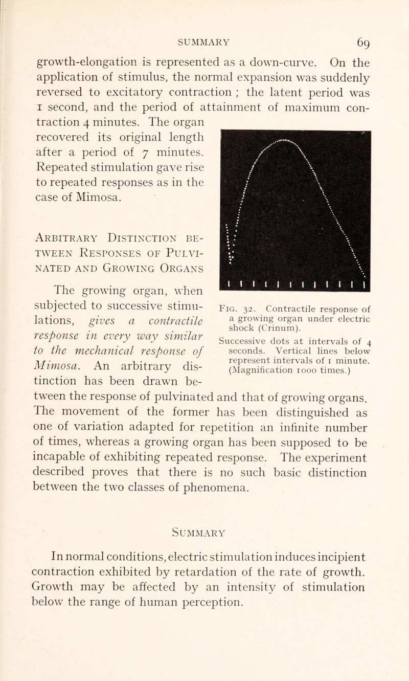 growth-elongation is represented as a down-curve. On the application of stimulus, the normal expansion was suddenly reversed to excitatory contraction ; the latent period was 1 second, and the period of attainment of maximum con- traction 4 minutes. The organ recovered its original length after a period of 7 minutes. Repeated stimulation gave rise to repeated responses as in the case of Mimosa. Arbitrary Distinction be- tween Responses of Pulvi- NATED AND GROWING ORGANS The growing organ, when subjected to successive stimu- lations, gives a contractile response in every way similar to the mechanical response of Mimosa. An arbitrary dis- tinction has been drawn be- tween the response of pulvinated and that of growing organs. The movement of the former has been distinguished as one of variation adapted for repetition an infinite number of times, whereas a growing organ has been supposed to be incapable of exhibiting repeated response. The experiment described proves that there is no such basic distinction between the two classes of phenomena. Fig. 32. Contractile response of a growing organ under electric shock (Crinum). Successive dots at intervals of 4 seconds. Vertical lines below represent intervals of 1 minute. (Magnification 1000 times.) Summary In normal conditions, electric stimulation induces incipient contraction exhibited by retardation of the rate of growth. Growth may be affected by an intensity of stimulation below the range of human perception.