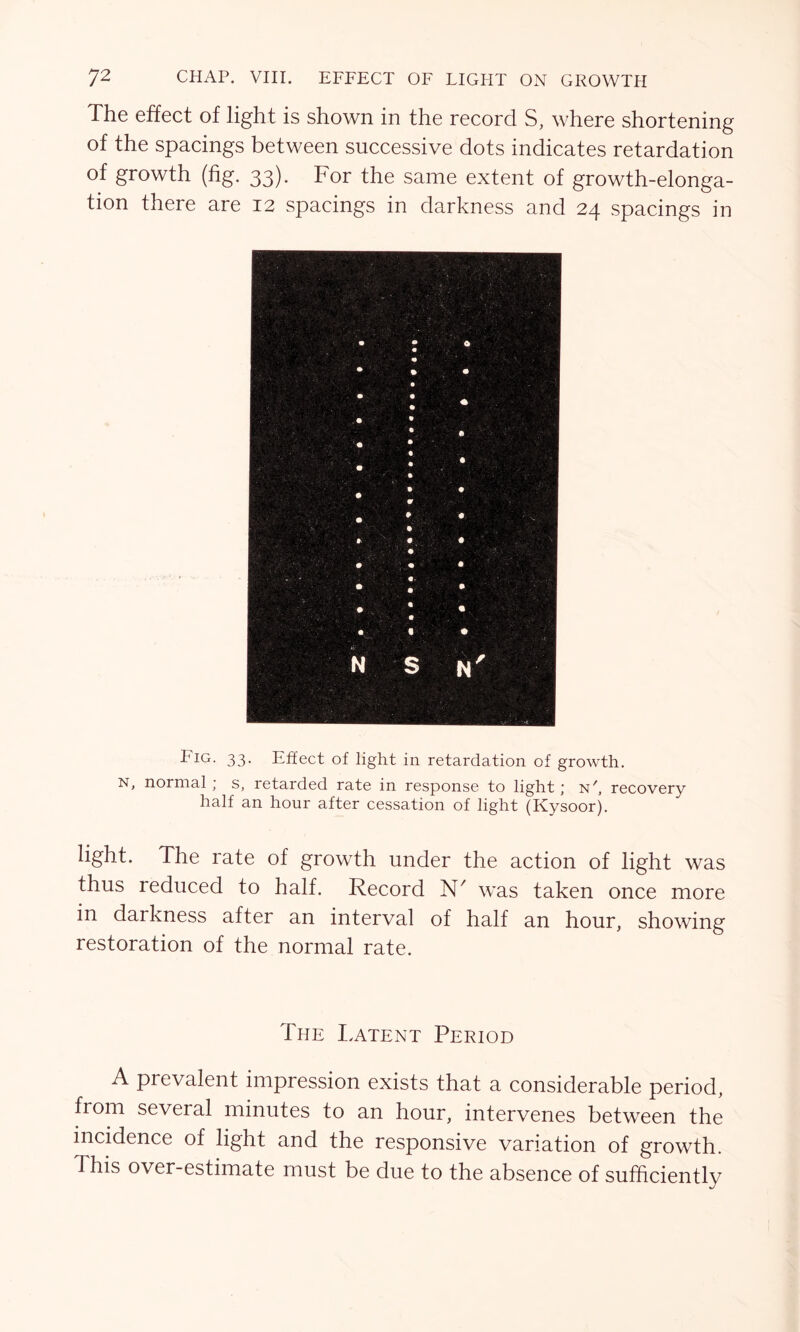 The effect of light is shown in the record S, where shortening of the spacings between successive dots indicates retardation of growth (fig. 33). For the same extent of growth-elonga- tion there are 12 spacings in darkness and 24 spacings in Eig. 33- Effect of light in retardation of growth. n, normal * s, retarded rate in response to light; n', recovery half an hour after cessation of light (Kysoor). light. The rate of growth under the action of light was thus reduced to half. Record N/ was taken once more in darkness after an interval of half an hour, showing restoration of the normal rate. The Latent Period A prevalent impression exists that a considerable period, from several minutes to an hour, intervenes between the incidence of light and the responsive variation of growth. This over-estimate must be due to the absence of sufficiently