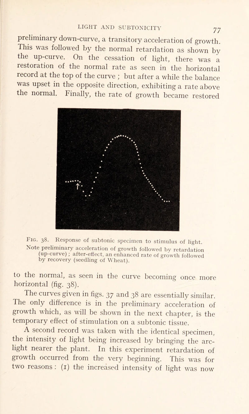 LIGHT AND SUBTONICITY yy preliminary down-curve, a transitory acceleration of growth. This was followed by the normal retardation as shown by the up-curve. On the cessation of light, there was a restoration of the normal rate as seen in the horizontal record at the top of the curve ; but after a while the balance was upset in the opposite direction, exhibiting a rate above the normal. Finally, the rate of growth became restored Fig. 38. Response of subtonic specimen to stimulus of light. Note preliminary acceleration of growth followed by retardation (up-curve) ; after-effect, an enhanced rate of growth followed by recovery (seedling of Wheat). to the normal, as seen in the curve becoming once more horizontal (fig. 38). The curves given in figs. 37 and 38 are essentially similar. The only difference is in the preliminary acceleration of growth which, as will be shown in the next chapter, is the temporary effect of stimulation on a subtonic tissue. A second record was taken with the identical specimen, the intensity of light being increased by bringing the arc- light nearer the plant. In this experiment retardation of growth occurred from the very beginning. This was for
