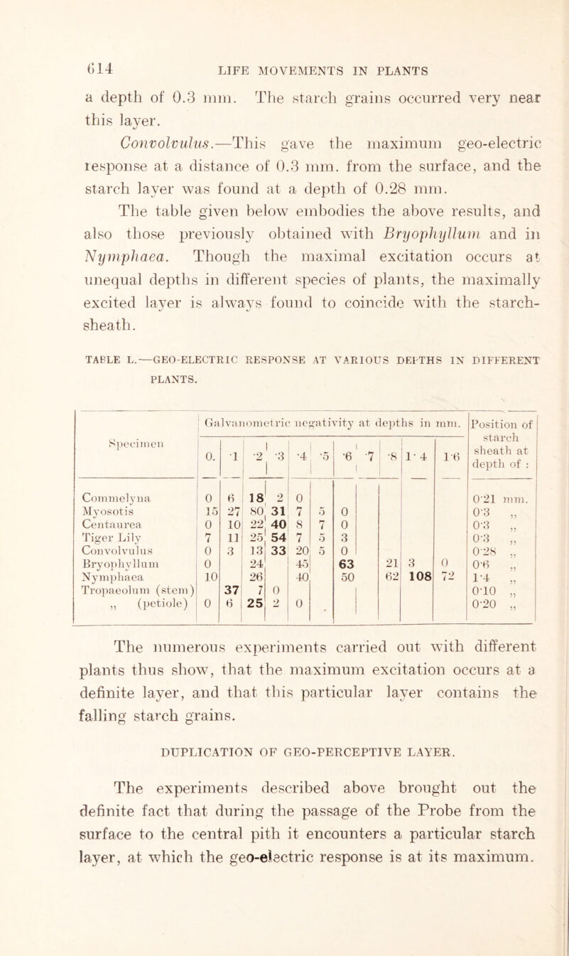 a depth of 0.3 mm. The starch grains occurred very near this layer. Convolvulus.—This gave the maximum geo-electric lesponse at a distance of 0.3 mm. from the surface, and the starch layer was found at a depth of 0.28 mm. The table given below embodies the above results, and also those previously obtained with Bryophyllum and in Nymphaea. Though the maximal excitation occurs at unequal depths in different species of plants, the maximally excited layer is always found to coincide with the starch- sheath . TABLE L.—GEO-ELECTRIC RESPONSE AT VARIOUS DEITHS IN DIFFERENT PLANTS. Galvanometric negativity at depths in mm. Specimen Commelyna My os ot is Centaurea Tiger Lily Convolvulus Bryophyllum Nymphaea Tropaeolum (stem) ,, (petiole) 0. 1 1 *2 t •3 •4 '5 •6 •7 •8 1-4 16 0 6 18 2 0 15 27 so 31 7 5 0 0 10 22 40 8 7 0 7 11 25 54 7 5 3 0 3 13 33 20 S' 5 0 0 24 45 63 21 3 0 10 26 40 50 62 108 72 37 7 0 0 6 25 2 0 - Position of star eh sheath at depth of : 0'21 mm. 0-3 55 OB 5? 0'3 55 0-28 55 0'6 55 1-4 55 0T0 55 0-20 55 The numerous experiments carried out. with different plants thus show, that the maximum excitation occurs at a definite layer, and that this particular layer contains the falling starch grains. DUPLICATION OF GEO-PERCEPTIVE LAYER, The experiments described above brought out the definite fact that during the passage of the Probe from the surface to the central pith it encounters a particular starch layer, at which the geo-electric response is at its maximum.