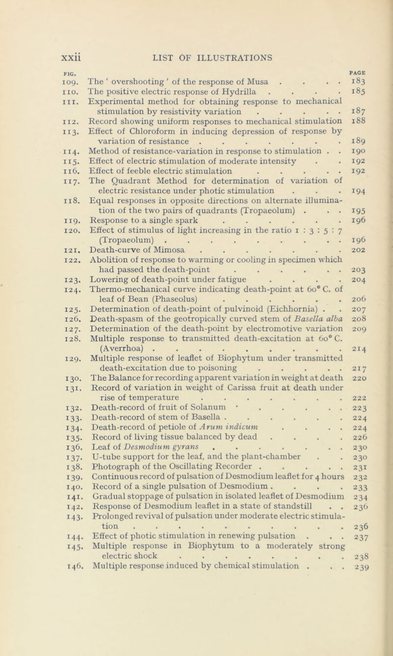 FIG. 109. IXO. 111. 112. 113. I 14. 115- xi 6. 117. 118. 119. 120. 121. 122. 123. 124. 125. 126. 127. 128. 129. 13°. I3I* 132. 133. 134- 135- 136. 137- 138. 139- 140. 141. 142. M3- 144. M5- 146. The ‘ overshooting ’ of the response of Musa . . . • The positive electric response of Hydrilla .... Experimental method for obtaining response to mechanical stimulation by resistivity variation . . . . . Record showing uniform responses to mechanical stimulation Effect of Chloroform in inducing depression of response by variation of resistance ....... Method of resistance-variation in response to stimulation . . Effect of electric stimulation of moderate intensity Effect of feeble electric stimulation . . . . . The Quadrant Method for determination of variation of electric resistance under photic stimulation Equal responses in opposite directions on alternate illumina- tion of the two pairs of quadrants (Tropaeolum) . . . Response to a single spark ...... Effect of stimulus of light increasing in the ratio 1 : 3 : 5 : 7 (Tropaeolum) ......... Death-curve of Mimosa ....... Abolition of response to warming or cooling in specimen which had passed the death-point . . . . . . Lowering of death-point under fatigue .... Thermo-mechanical curve indicating death-point at 6o° C. of leaf of Bean (Phaseolus) ...... Determination of death-point of pulvinoid (Eichhornia) . Death-spasm of the geotropically curved stem of Basella alba Determination of the death-point by electromotive variation Multiple response to transmitted death-excitation at 6o° C. (Averrhoa) ......... Multiple response of leaflet of Biophytum under transmitted death-excitation due to poisoning . . . . . The Balance for recording apparent variation in weight at death Record of variation in weight of Carissa fruit at death under rise of temperature ....... Death-record of fruit of Solanum • . . . . . Death-record of stem of Basella ...... Death-record of petiole of A rum indicum . . . . Record of living tissue balanced by dead .... Leaf of Desmodium gyrans ....... U-tube support for the leaf, and the plant-chamber Photograph of the Oscillating Recorder . . . . . Continuous record of pulsation of Desmodium leaflet for 4 hours Record of a single pulsation of Desmodium .... Gradual stoppage of pulsation in isolated leaflet of Desmodium Response of Desmodium leaflet in a state of standstill . . Prolonged revival of pulsation under moderate electric stimula- tion .......... Effect of photic stimulation in renewing pulsation . . . Multiple response in Biophytum to a moderately strong electric shock ........ Multiple response induced by chemical stimulation . . . PAGE 183 185 187 188 189 190 192 192 194 195 196 196 202 203 204 206 207 208 209 214 217 220 222 223 224 224 226 230 230 231 232 233 234 236 236 237 238 2 39