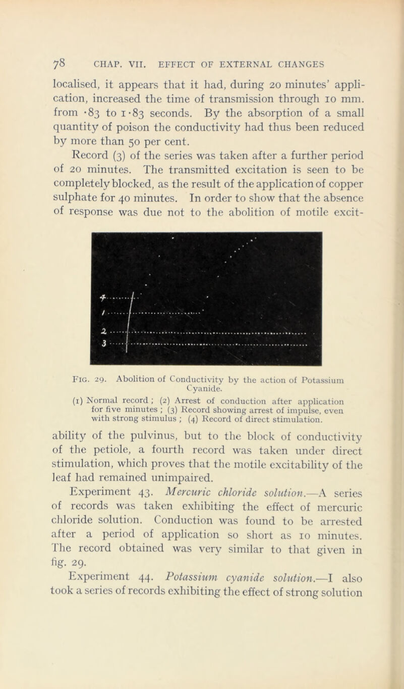 localised, it appears that it had, during 20 minutes’ appli- cation, increased the time of transmission through 10 mm. from -83 to 1-83 seconds. By the absorption of a small quantity of poison the conductivity had thus been reduced by more than 50 per cent. Record (3) of the series was taken after a further period of 20 minutes. The transmitted excitation is seen to be completely blocked, as the result of the application of copper sulphate for 40 minutes. In order to show that the absence of response was due not to the abolition of motile excit- P'ig. 29. Abolition of Conductivity by the action of Potassium Cyanide. (1) Normal record ; (2) Arrest of conduction after application for five minutes ; (3) Record showing arrest of impulse, even with strong stimulus ; (4) Record of direct stimulation. ability of the pulvinus, but to the block of conductivity of the petiole, a fourth record was taken under direct stimulation, which proves that the motile excitability of the leaf had remained unimpaired. Experiment 43. Mercuric chloride solution.—A series of records was taken exhibiting the effect of mercuric chloride solution. Conduction was found to be arrested after a period of application so short as 10 minutes. The record obtained was very similar to that given in lig. 29. Experiment 44. Potassium cyanide solution.—I also took a series of records exhibiting the effect of strong solution