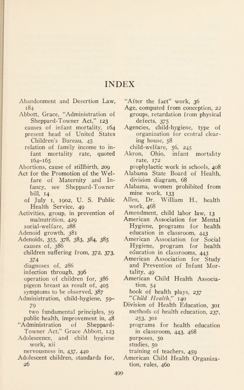 Abandonment and Desertion Law, 184 Abbott, Grace, “Administration of Sheppard-Towner Act,” 123 causes of infant mortality, 164 present head of United States Children’s Bureau, 45 relation of family income to in¬ fant mortality rate, quoted 164-165 Abortions, cause of stillbirth, 209 Act for the Promotion of the Wel¬ fare of Maternity and In¬ fancy, see Sheppard-Towner bill, 14 of July 1, 1902, U. S. Public Health Service, 49 Activities, group, in prevention of malnutrition, 429 social-welfare, 288 Adenoid growth, 381 Adenoids, 355, 378, 383, 384, 385 causes of, 386 children suffering from, 372, 373, _ 374 diagnoses of, 286 infection through, 396 operation of children for, 386 pigeon breast as result of, 405 symptoms to be observed, 387 Administration, child-hygiene, 59- 79 two fundamental principles, 59 public health, improvement in, 48 “Administration of Sheppard- Towner Act,” Grace Abbott, 123 Adolescence, and child hygiene work, xii nervousness in, 437, 440 Adolescent children, standards for, 26 “After the fact” work, 36 Age, computed from conception, 22 groups, retardation from physical defects, 375 Agencies, child-hygiene, type of organization for central clear¬ ing house, 58 child-welfare, 56, 245 Akron, Ohio, infant mortality rate, 172 prophylactic work in schools, 408 Alabama State Board of Health, division diagram, 68 Alabama, women prohibited from mine work, 133 Allen, Dr. William H., health work, 468 Amendment, child labor law, 13 American Association for Mental Hygiene, programs for health education in classroom, 443 American Association for Social Hygiene, program for health education in classrooms, 443 American Association for Study and Prevention of Infant Mor¬ tality, 49 American Child Health Associa¬ tion, 54 book of health plays, 237 “Child Health ” 140 Division of Health Education, 301 methods of health education, 237, 253. 301 programs for health education in classroom, 443, 468 purposes, 50 studies, 50 training of teachers, 459 American Child Health Organiza¬ tion, rules, 460