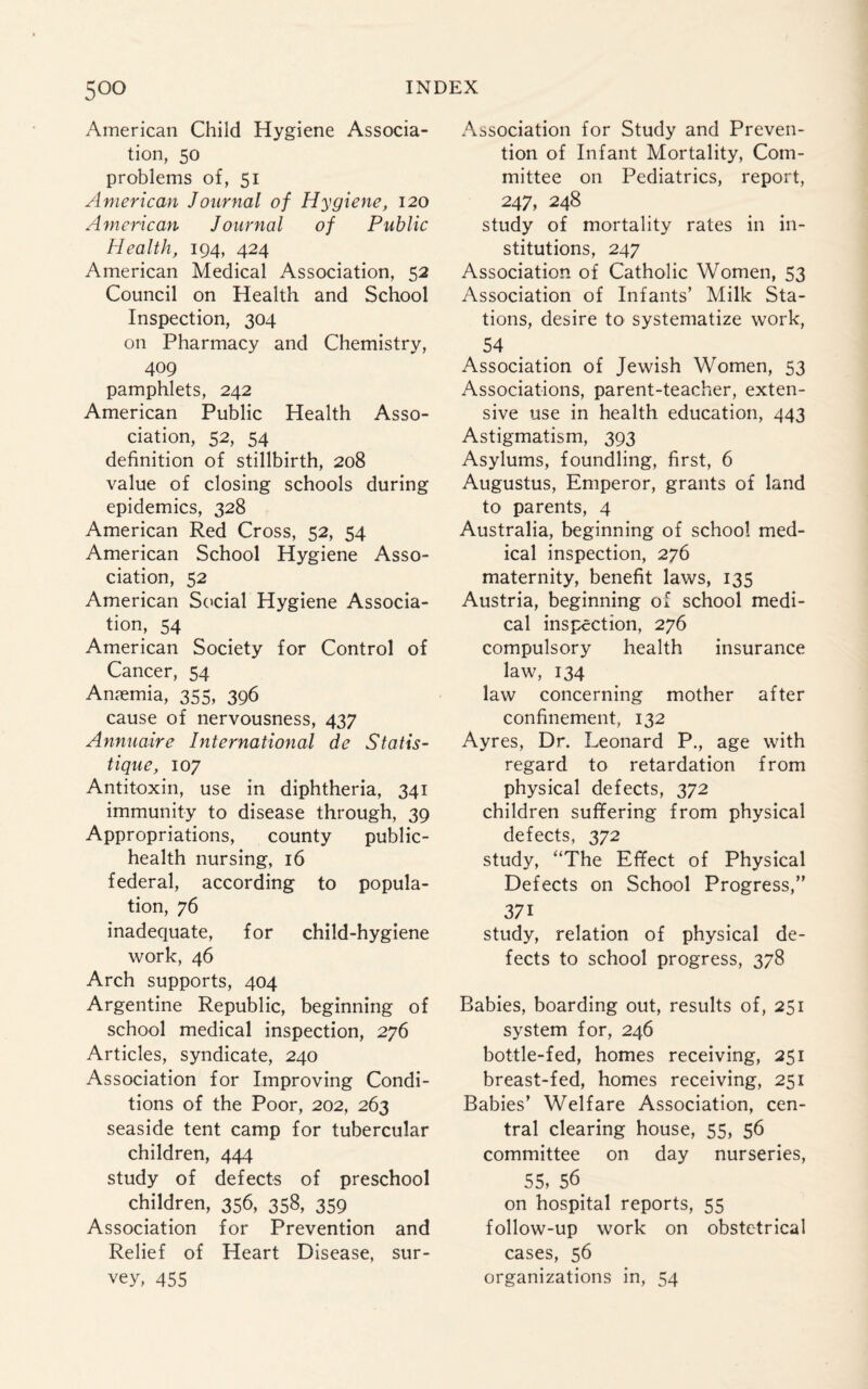 American Child Hygiene Associa¬ tion, 50 problems of, 51 American Journal of Hygiene, 120 American Journal of Public Health, 194, 424 American Medical Association, 52 Council on Health and School Inspection, 304 on Pharmacy and Chemistry, 409 pamphlets, 242 American Public Health Asso¬ ciation, 52, 54 definition of stillbirth, 208 value of closing schools during epidemics, 328 American Red Cross, 52, 54 American School Hygiene Asso¬ ciation, 52 American Social Hygiene Associa¬ tion, 54 American Society for Control of Cancer, 54 Anaemia, 355, 396 cause of nervousness, 437 Annuaire International de Statis- tique, 107 Antitoxin, use in diphtheria, 341 immunity to disease through, 39 Appropriations, county public- health nursing, 16 federal, according to popula¬ tion, 76 inadequate, for child-hygiene work, 46 Arch supports, 404 Argentine Republic, beginning of school medical inspection, 276 Articles, syndicate, 240 Association for Improving Condi¬ tions of the Poor, 202, 263 seaside tent camp for tubercular children, 444 study of defects of preschool children, 356, 358, 359 Association for Prevention and Relief of Heart Disease, sur¬ vey, 455 Association for Study and Preven¬ tion of Infant Mortality, Com¬ mittee on Pediatrics, report, 247, 248 study of mortality rates in in¬ stitutions, 247 Association of Catholic Women, 53 Association of Infants’ Milk Sta¬ tions, desire to systematize work, 54 Association of Jewish Women, 53 Associations, parent-teacher, exten¬ sive use in health education, 443 Astigmatism, 393 Asylums, foundling, first, 6 Augustus, Emperor, grants of land to parents, 4 Australia, beginning of school med¬ ical inspection, 276 maternity, benefit laws, 135 Austria, beginning of school medi¬ cal inspection, 276 compulsory health insurance law, 134 law concerning mother after confinement, 132 Ayres, Dr. Leonard P., age with regard to retardation from physical defects, 372 children suffering from physical defects, 372 study, “The Effect of Physical Defects on School Progress,” 37i study, relation of physical de¬ fects to school progress, 378 Babies, boarding out, results of, 251 system for, 246 bottle-fed, homes receiving, 251 breast-fed, homes receiving, 251 Babies’ Welfare Association, cen¬ tral clearing house, 55, 56 committee on day nurseries, 55, 56 on hospital reports, 55 follow-up work on obstetrical cases, 56 organizations in, 54