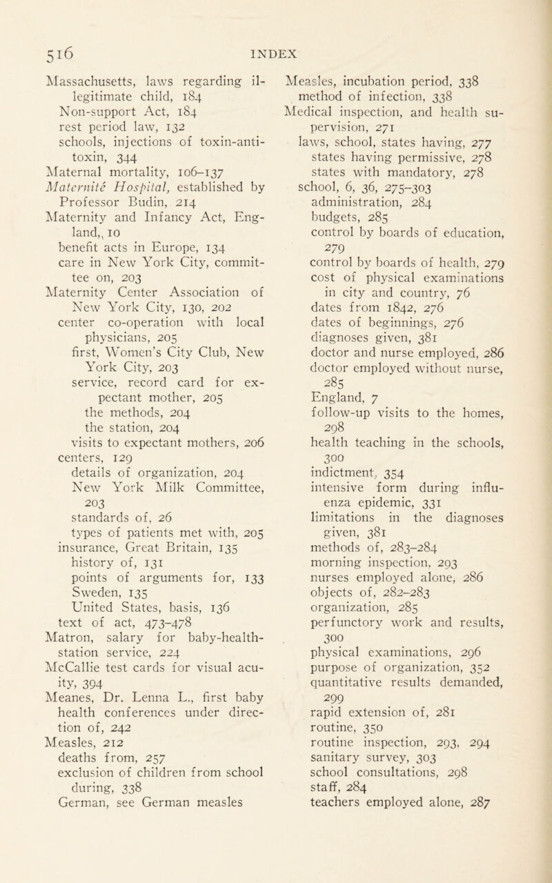 Massachusetts, laws regarding il¬ legitimate child, 184 Non-support Act, 184 rest period law, 132 schools, injections of toxin-anti¬ toxin, 344 Maternal mortality, 106-137 Maternite Hospital, established by Professor Budin, 214 Maternity and Infancy Act, Eng¬ land,, 10 benefit acts in Europe, 134 care in New York City, commit¬ tee on, 203 Maternity Center Association of New York City, 130, 202 center co-operation with local physicians, 205 first, Women’s City Club, New York City, 203 service, record card for ex¬ pectant mother, 203 the methods, 204 the station, 204 visits to expectant mothers, 206 centers, 129 details of organization, 204 New York Milk Committee, 203 standards of, 26 types of patients met with, 205 insurance, Great Britain, 135 history of, 131 points of arguments for, 133 Sweden, 135 United States, basis, 136 text of act, 473-478 Matron, salary for baby-health- station service, 224 McCallie test cards for visual acu¬ ity, 394 Meanes, Dr. Lenna L., first baby health conferences under direc¬ tion of, 242 Measles, 212 deaths from, 257 exclusion of children from school ^ during, 338 German, see German measles Measles, incubation period, 338 method of infection, 338 Medical inspection, and health su¬ pervision, 271 laws, school, states having, 277 states having permissive, 278 states with mandatory, 278 school, 6, 36, 275-303 administration, 284 budgets, 285 control by boards of education, 279 control by boards of health, 279 cost of physical examinations in city and country, 76 dates from 1842, 276 dates of beginnings, 276 diagnoses given, 381 doctor and nurse employed, 286 doctor employed without nurse, 285 England, 7 follow-up visits to the homes, 298 health teaching in the schools, 300 indictment, 354 intensive form during influ¬ enza epidemic, 331 limitations in the diagnoses given, 381 methods of, 283-284 morning inspection, 293 nurses employed alone, 286 objects of, 282-283 organization, 285 perfunctory work and results, 300 physical examinations, 296 purpose of organization, 352 quantitative results demanded, 299 rapid extension of, 281 routine, 350 routine inspection, 293, 294 sanitary survey, 303 school consultations, 298 staff, 284 teachers employed alone, 287