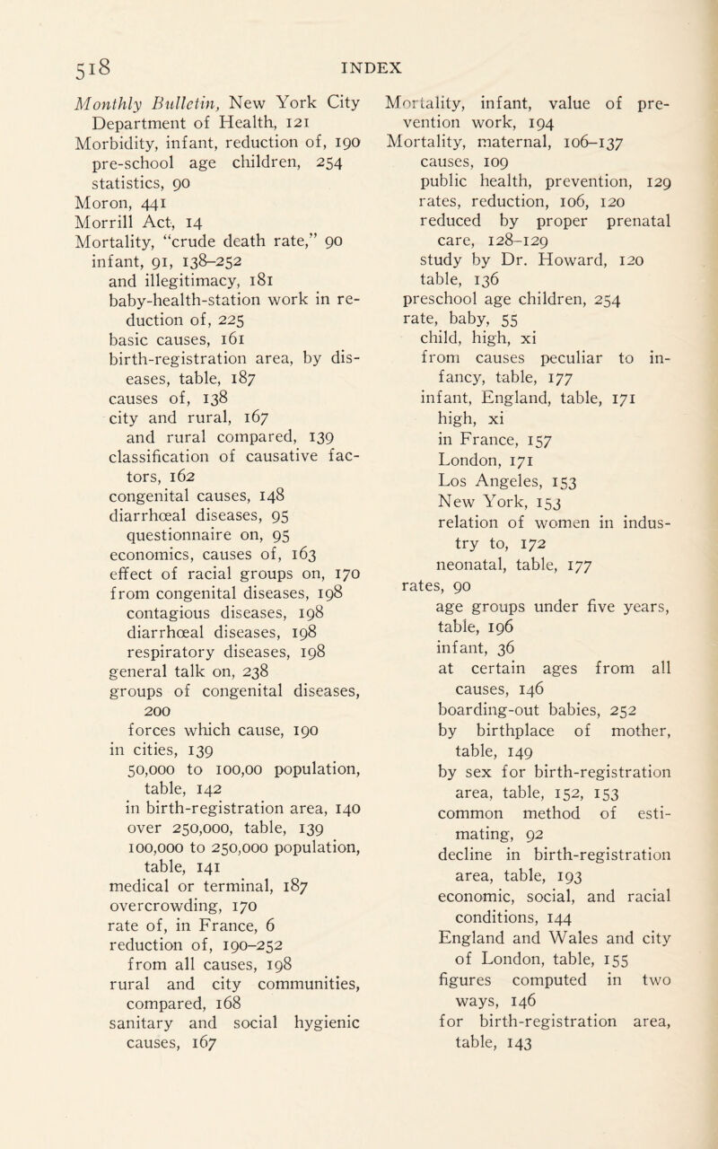 Monthly Bulletin, New York City Department of Health, 121 Morbidity, infant, reduction of, 190 pre-school age children, 254 statistics, 90 Moron, 441 Morrill Act, 14 Mortality, “crude death rate,” 90 infant, 91, 138-252 and illegitimacy, 181 baby-health-station work in re¬ duction of, 225 basic causes, 161 birth-registration area, by dis¬ eases, table, 187 causes of, 138 city and rural, 167 and rural compared, 139 classification of causative fac¬ tors, 162 congenital causes, 148 diarrhoeal diseases, 95 questionnaire on, 95 economics, causes of, 163 effect of racial groups on, 170 from congenital diseases, 198 contagious diseases, 198 diarrhoeal diseases, 198 respiratory diseases, 198 general talk on, 238 groups of congenital diseases, 200 forces which cause, 190 in cities, 139 50,000 to 100,00 population, table, 142 in birth-registration area, 140 over 250,000, table, 139 100,000 to 250,000 population, table, 141 medical or terminal, 187 overcrowding, 170 rate of, in France, 6 reduction of, 190-252 from all causes, 198 rural and city communities, compared, 168 sanitary and social hygienic causes, 167 Mortality, infant, value of pre¬ vention work, 194 Mortality, maternal, 106-137 causes, 109 public health, prevention, 129 rates, reduction, 106, 120 reduced by proper prenatal care, 128-129 study by Dr. Howard, 120 table, 136 preschool age children, 254 rate,, baby, 55 child, high, xi from causes peculiar to in¬ fancy, table, 177 infant, England, table, 171 high, xi in France, 157 London, 171 Los Angeles, 153 New York, 153 relation of women in indus¬ try to, 172 neonatal, table, 177 rates, 90 age groups under five years, table, 196 infant, 36 at certain ages from all causes, 146 boarding-out babies, 252 by birthplace of mother, table, 149 by sex for birth-registration area, table, 152, 153 common method of esti¬ mating, 92 decline in birth-registration area, table, 193 economic, social, and racial conditions, 144 England and Wales and city of London, table, 155 figures computed in two ways, 146 for birth-registration area, table, 143