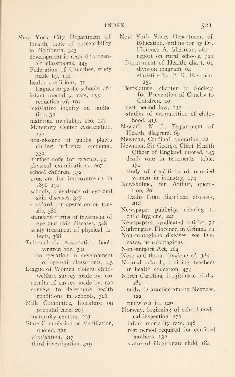 New York City Department of Health, table of susceptibility to diphtheria, 343 development in regard to open- air classrooms, 445 Federation of Churches, study made by, 144 health conditions, 31 leagues in public schools, 461 infant mortality, rate, 153 reduction of, 194 legislative inquiry on sanita¬ tion, 32 maternal mortality, 120, 121 Maternity Center Association, 130 non-closure of public places during influenza epidemic, 330 number code for records, 99 physical examinations, 297 school children, 352 program for improvements in ..898, 192 schools, prevalence of eye and skin diseases, 347 standard for operation on ton¬ sils, 386 standard forms of treatment of eye and skin diseases, 348 study treatment of physical de¬ fects, 368 Tuberculosis Association book, written for, 301 co-operation in development of open-air classrooms, 445 League of Women Voters, child- welfare survey made by, 101 results of survey made by, 102 surveys to determine health conditions in schools, 306 Milk Committee, literature on prenatal care, 203 maternity centers, 203 State Commission on Ventilation, quoted, 321 Ventilation, 317 third investigation, 319 New York State, Department of Education, outline for by Dr. Florence A. Sherman, 463 report on rural schools, 306 Department of Health, chart, 64 division diagram, 64 statistics by P. R. Eastman, I5i legislature, charter to Society for Prevention of Cruelty to Children, 10 rest period law, 132 studies of malnutrition of child¬ hood, 415 Newark, N. J., Department of Health, diagram, 69 Newman, Cardinal, quotation, 22 Newman, Sir George, Chief Health Officer of England, quoted, 145 death rate in tenements, table, 171 study of conditions of married women in industry, 174 Newsholme, Sir Arthur, quota¬ tion, 80 deaths from diarrhoeal diseases, 212 Newspaper publicity, relating to child hygiene, 240 Newspapers, syndicated articles, 73 Nightingale, Florence, in Crimea, 41 Non-contagious diseases, see Dis¬ eases, non-contagious Non-support Act, 184 Nose and throat, hygiene of, 384 Normal schools, training teachers in health education, 459 North Carolina, illegitimate births, 181 midwife practice among Negroes, 122 midwives in, 120 Norway, beginning of school medi¬ cal inspection, 276 infant mortality rate, 148 rest period required for confined mothers, 132 status of illegitimate child, 184