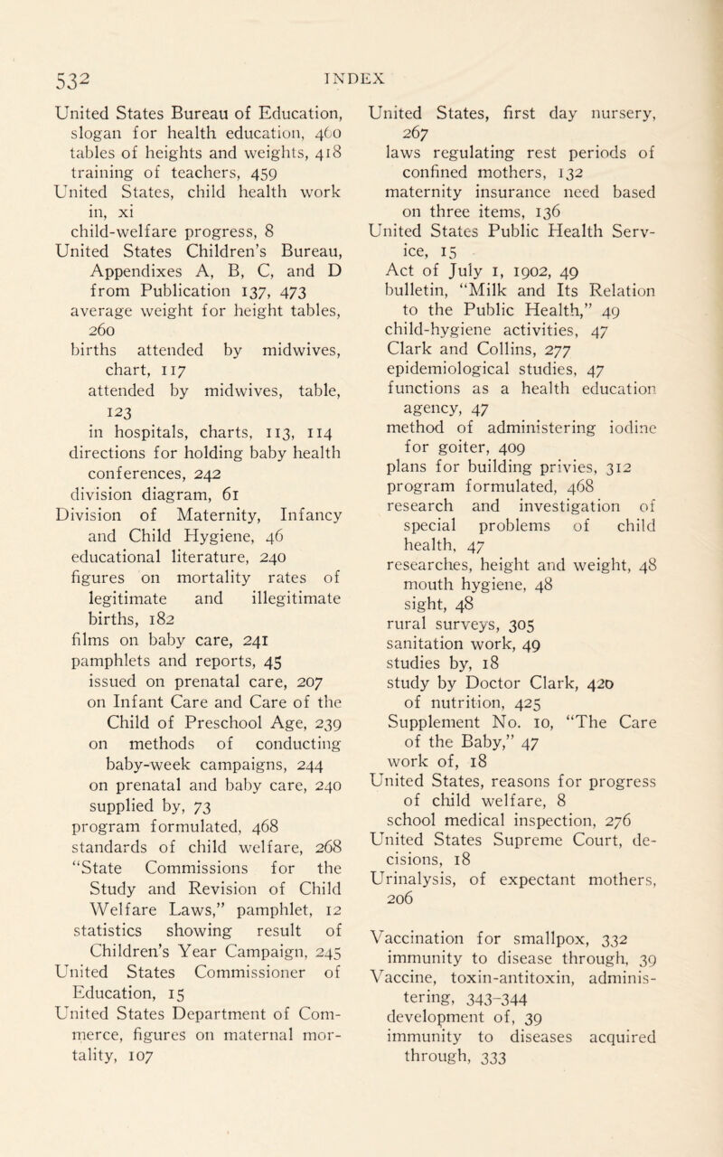 United States Bureau of Education, slogan for health education, 460 tables of heights and weights, 418 training of teachers, 459 United States, child health work in, xi child-welfare progress, 8 United States Children’s Bureau, Appendixes A, B, C, and D from Publication 137, 473 average weight for height tables, 260 births attended by midwives, chart, 117 attended by midwives, table, 123 in hospitals, charts, 113, 114 directions for holding baby health conferences, 242 division diagram, 61 Division of Maternity, Infancy and Child Hygiene, 46 educational literature, 240 figures on mortality rates of legitimate and illegitimate births, 182 films on baby care, 241 pamphlets and reports, 45 issued on prenatal care, 207 on Infant Care and Care of the Child of Preschool Age, 239 on methods of conducting baby-week campaigns, 244 on prenatal and baby care, 240 supplied by, 73 program formulated, 468 standards of child welfare, 268 “State Commissions for the Study and Revision of Child Welfare Laws,” pamphlet, 12 statistics showing result of Children’s Year Campaign, 245 United States Commissioner of Education, 15 United States Department of Com¬ merce, figures on maternal mor¬ tality, 107 United States, first day nursery, 267 laws regulating rest periods of confined mothers, 132 maternity insurance need based on three items, 136 United States Public Plealth Serv¬ ice, 15 Act of July 1, 1902, 49 bulletin, “Milk and Its Relation to the Public Health,” 49 child-hygiene activities, 47 Clark and Collins, 277 epidemiological studies, 47 functions as a health education agency, 47 method of administering iodine for goiter, 409 plans for building privies, 312 program formulated, 468 research and investigation of special problems of child health, 47 researches, height and weight, 48 mouth hygiene, 48 sight, 48 rural surveys, 305 sanitation work, 49 studies by, 18 study by Doctor Clark, 420 of nutrition, 425 Supplement No. 10, “The Care of the Baby,” 47 work of, 18 United States, reasons for progress of child welfare, 8 school medical inspection, 276 United States Supreme Court, de¬ cisions, 18 Urinalysis, of expectant mothers, 206 Vaccination for smallpox, 332 immunity to disease through, 39 Vaccine, toxin-antitoxin, adminis¬ tering, 343-344 development of, 39 immunity to diseases acquired through, 333