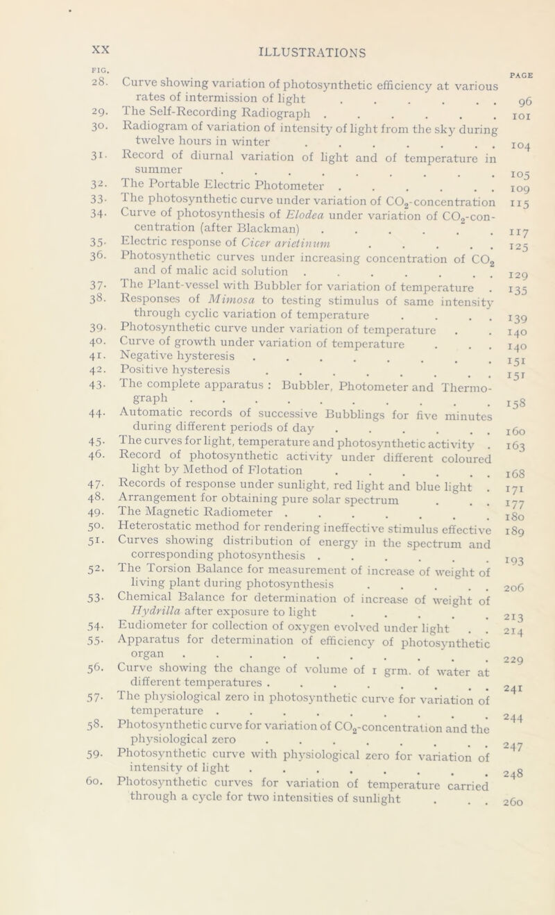 FIG. 28. 29. 30. 3i- 32. 33- 34- 35- 36. 37- 38- 39- 40. 41. 42. 43- 44. 45- 46. 47- 48. 49. 5°- 51- 52> 53- 54- 55- 56. 57- 58. 59- 60. Curve showing variation of photosynthetic efficiencj' at various rates of intermission of light The Self-Recording Radiograph ...... Radiogram of variation of intensity of light from the sky during twelve hours in winter ...... Record of diurnal variation of light and of temperature in summer .... The Portable Electric Photometer I he photosynthetic curve under variation of COa-concentration Curve of photosynthesis of Elodea under variation of CO,-con- centration (after Blackman) Electric response of Cicer arietinum Photosynthetic curves under increasing concentration of C02 and of malic acid solution The Plant-vessel with Bubbler for variation of temperature Responses of Mimosa to testing stimulus of same intensity through cyclic variation of temperature . . . . Photosynthetic curve under variation of temperature Curve of growth under variation of temperature Negative hysteresis ...... Positive hysteresis ..... The complete apparatus : Bubbler, Photometer and Thermo- graph Automatic records of successive Bubblings for five minutes during different periods of day 1 he curves for light, temperature and photosynthetic activity . Record of photosynthetic activity under different coloured light by Method of Flotation Records of response under sunlight, red light and blue light Arrangement for obtaining pure solar spectrum The Magnetic Radiometer ..... Heteiostatic method for rendering ineffective stimulus effective Curves showing distribution of energy in the spectrum and corresponding photosynthesis ..... The Torsion Balance for measurement of increase of weight of living plant during photosynthesis .... Chemical Balance for determination of increase of weight of Hydrilla after exposure to light Eudiometer for collection of oxygen evolved under light Apparatus for determination of efficiency of photosynthetic organ . ' . Curve showing the change of volume of r grm. of water at different temperatures ..... The physiological zero in photosynthetic curve for variation of temperature ...... Photosynthetic curve for variation of C02-concentration and the physiological zero ..... Photosynthetic curve with physiological zero for variation of intensity of light ...... Photosynthetic curves for variation of temperature carried through a cycle for two intensities of sunlight PAGE 96 IOI 104 105 109 115 n 7 125 129 135 139 140 140 151 151 158 160 163 168 171 177 180 189 193 206 213 214 229 241 244 247 248 260