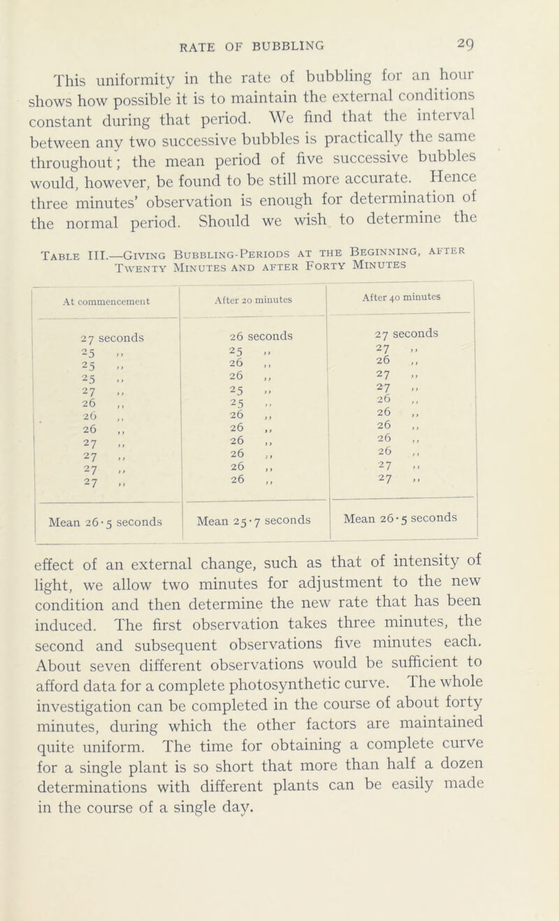 This uniformity in the rate of bubbling for an hour shows how possible it is to maintain the external conditions constant during that period. We find that the interval between anv two successive bubbles is practically the same throughout) the mean period of five successive bubbles would, however, be found to be still more accurate. Hence three minutes’ observation is enough for determination of the normal period. Should we wish to determine the Table III.—Giving Bubbling-Periods at the Beginning, after Twenty Minutes and after Forty Minutes After 20 minutes After 40 minutes At commencement 27 seconds 25 25 25 27 » 26 ,, 26 ,, 26 27 .. 27 .. 27 ». 27 .. Mean 26 • 5 seconds 26 seconds 25 >» 26 ,, 26 ,, 25 - 25 26 ,, 26 ,, 26 ,, 26 ,, 26 ,, 26 Mean 25-7 seconds 27 seconds 27 .. 26 27 27 » 26 26 26 ,, 26 26 ,, 27 .. 27 Mean 26-5 seconds effect of an external change, such as that of intensity of light, we allow two minutes for adjustment to the new condition and then determine the new rate that has been induced. The first observation takes three minutes, the second and subsequent observations five minutes each. About seven different observations would be sufficient to afford data for a complete photosynthetic curve. 1 he whole investigation can be completed in the course of about forty minutes, during which the other factors are maintained quite uniform. The time for obtaining a complete curve for a single plant is so short that more than half a dozen determinations with different plants can be easily made in the course of a single day.