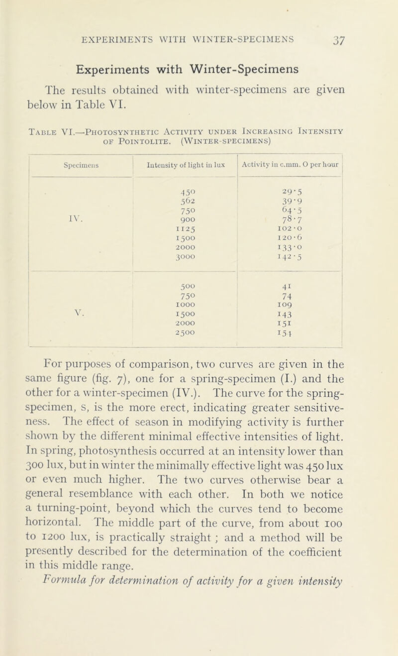 Experiments with Winter-Specimens The results obtained with winter-specimens are given below in Table VI. Table VI.—Photosynthetic Activity under Increasing Intensity OF POINTOLITE. (WINTER-SPECIMENS) Specimens Intensity of light in lux ! Activity in c.mm. O per hour •1.5° 29*5 562 39*9 750 64-5 IV. 900 78-7 I 125 102-0 1500 120-6 2000 133-0 3000 M2-5 5°° 41 750 74 V. 1000 109 1500 143 2000 151 2500 151 For purposes of comparison, two curves are given in the same figure (fig. 7), one for a spring-specimen (I.) and the other for a winter-specimen (IV.). The curve for the spring- specimen, s, is the more erect, indicating greater sensitive- ness. The effect of season in modifying activity is further shown by the different minimal effective intensities of light. In spring, photosynthesis occurred at an intensity lower than 300 lux, but in winter the minimally effective light was 450 lux or even much higher. The two curves otherwise bear a general resemblance with each other. In both we notice a turning-point, beyond which the curves tend to become horizontal. The middle part of the curve, from about 100 to 1200 lux, is practically straight ; and a method will be presently described for the determination of the coefficient in this middle range. Formula for determination of activity for a given intensity