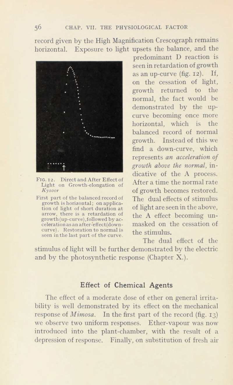 record given by the High Magnification Crescograph remains horizontal. Exposure to light upsets the balance, and the predominant D reaction is seen in retardation of growth as an up-curve (fig. 12). If, on the cessation of light, growth returned to the normal, the fact would be demonstrated by the up- curve becoming once more horizontal, which is the balanced record of normal growth. Instead of this we find a down-curve, which represents an acceleration of growth above the normal, in- dicative of the A process. After a time the normal rate of growth becomes restored. The dual effects of stimulus of light are seen in the above, the A effect becoming un- masked on the cessation of the stimulus. Fig. 12. Direct and After Effect of Light on Growth-elongation of Kysoor First part of the balanced record of growth is horizontal; on applica- tion of light of short duration at arrow, there is a retardation of growth (up-curve),followed by ac- celeration as an after-effect (down- curve). Restoration to normal is seen in the last part of the curve. The dual effect of the stimulus of light will be further demonstrated by the electric and by the photosynthetic response (Chapter X.). Effect of Chemical Agents The effect of a moderate dose of ether on general irrita- bility is well demonstrated by its effect on the mechanical response of Mimosa. In the first part of the record (fig. 13) we observe two uniform responses. Ether-vapour was now introduced into the plant-chamber, with the result of a depression of response. Finally, on substitution of fresh air