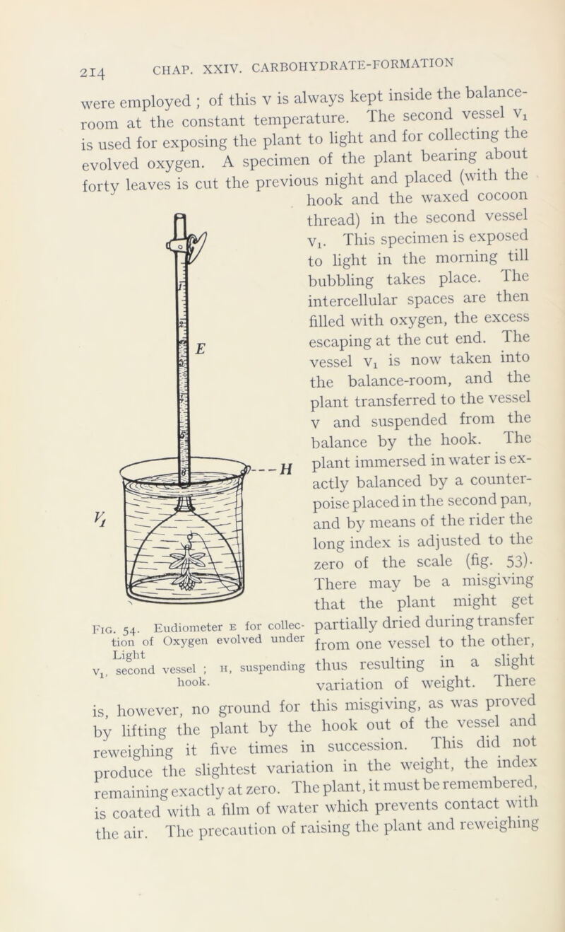 ■■ * t y 2I4 CHAP. XXIV. CARBOHYDRATE-FORMATION were employed ; of this v is always kept inside the balance- room at the constant temperature. The second vessel vx is used for exposing the plant to light and for collecting t e evolved oxygen. A specimen of the plant bearing a bout forty leaves is cut the previous night and placed (with the hook and the waxed cocoon thread) in the second vessel Vl. This specimen is exposed to light in the morning till bubbling takes place. The intercellular spaces are then filled with oxygen, the excess escaping at the cut end. The vessel vx is now taken into the balance-room, and the plant transferred to the vessel v and suspended from the balance by the hook. The plant immersed in water is ex- actly balanced by a counter- poise placed in the second pan, and by means of the rider the long index is adjusted to the zero of the scale (fig. 53)- There may be a misgiving that the plant might get Fig. 54. Eudiometer E for collec- partially dried during transfer tion of Oxygen evolved under Qne vesse\ to the other, v1; second vessel ; H, suspending thus resulting in a slight hook. variation of weight. There is, however, no ground for this misgiving, as was proved by lifting the plant by the hook out of the vessel and reweighing it five times in succession. This chd not produce the slightest variation in the weight, the index remaining exactly at zero. The plant, it must be remembered, is coated with a film of water which prevents contact with the air The precaution of raising the plant and reweighing Vi 9---H