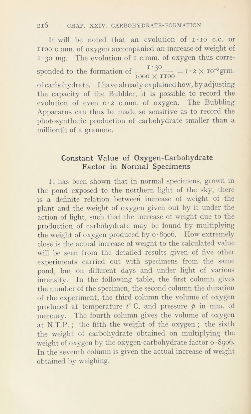 It will be noted that an evolution of i-io c.c. or iioo c.mm. of oxygen accompanied an increase of weight of 1-30 mg. The evolution of 1 c.mm. of oxygen thus corre- sponded to the formation of 1 — = 1-2 X io_6grm. r 1000 X 1100 of carbohydrate. I have already explained how, by adj usting the capacity of the Bubbler, it is possible to record the evolution of even o-2 c.mm. of oxygen. The Bubbling Apparatus can thus be made so sensitive as to record the photosynthetic production of carbohydrate smaller than a millionth of a gramme. Constant Value of Oxygen-Carbohydrate Factor in Normal Specimens It has been shown that in normal specimens, grown in the pond exposed to the northern light of the sky, there is a definite relation between increase of weight of the plant and the weight of oxygen given out by it under the action of light, such that the increase of weight due to the production of carbohydrate may be found by multiplying the weight of oxygen produced by 0-8906. How extremely close is the actual increase of weight to the calculated value will be seen from the detailed results given of five other experiments carried out with specimens from the same pond, but on different days and under light of various intensity. In the following table, the first column gives the number of the specimen, the second column the duration of the experiment, the third column the volume of oxygen produced at temperature i° C. and pressure p in mm. of mercury. The fourth column gives the volume of oxygen at N.T.P. ; the fifth the weight of the oxygen ; the sixth the weight of carbohydrate obtained on multiplying the weight of oxygen by the oxygen-carbohydrate factor 0 • 8906. In the seventh column is given the actual increase of weight obtained by weighing.