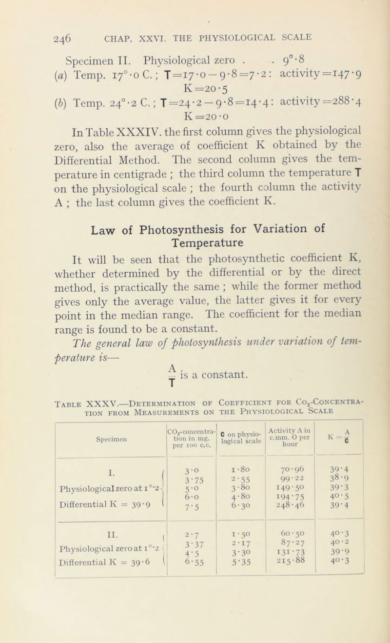 Specimen II. Physiological zero . . 9°-8 (a) Temp. iy°-oC.; 1=17*0-9-8=7-2 : activity =147-9 K =20 • 5 (b) Temp. 24°-2 C.; 1=24-2-9-8=14-4: activity =288*4 K =20 - o In Table XXXIV. the first column gives the physiological zero, also the average of coefficient Iv obtained by the Differential Method. The second column gives the tem- perature in centigrade ; the third column the temperature T on the physiological scale ; the fourth column the activity A ; the last column gives the coefficient K. Law of Photosynthesis for Variation of Temperature It will be seen that the photosynthetic coefficient Iv, whether determined by the differential or by the direct method, is practically the same ; while the former method gives only the average value, the latter gives it for every point in the median range. The coefficient for the median range is found to be a constant. The general law of photosynthesis wider variation of tem- perature is— ^ is a constant. Table XXXV.—Determination of Coefficient for Co2-Concentra- tion from Measurements on the Physiological Scale Specimen Physiological zero at i°2 Differentia! Iv = 39-9 II. Differential Iv = 39 -6 C02-concentra- tion in mg. per 100 c.c. C on physio- logical scale Activity A in c.mm. 0 per hour 3 ° O 00 w 70-96 39-4 3-75 2-55 99-22 38-9 5-° 3-80 149-5° 39-3 6-o 4-80 194-75 4°'5 7'5 6-30 248-46 39-4 2-7 i-5° 60-50 4° 3 3-37 2-17 87-27 40-2 4 -5 3-30 131-73 39-9 6-55 5*35 215-88 4°-3