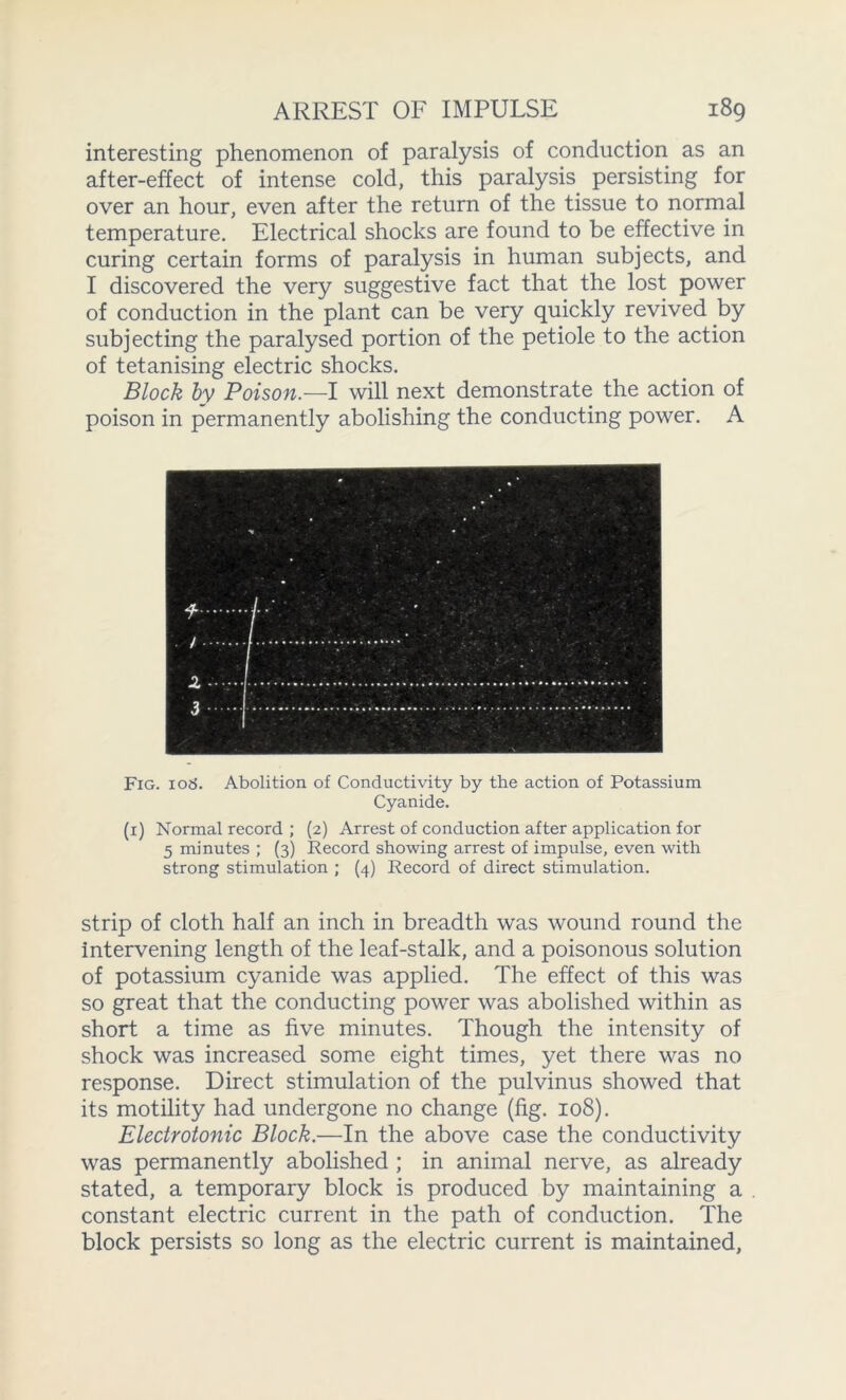 interesting phenomenon of paralysis of conduction as an after-effect of intense cold, this paralysis persisting for over an hour, even after the return of the tissue to normal temperature. Electrical shocks are found to be effective in curing certain forms of paralysis in human subjects, and I discovered the very suggestive fact that the lost power of conduction in the plant can be very quickly revived by subjecting the paralysed portion of the petiole to the action of tetanising electric shocks. Block by Poison.—I will next demonstrate the action of poison in permanently abolishing the conducting power. A Fig. log. Abolition of Conductivity by the action of Potassium Cyanide. (1) Normal record ; (2) Arrest of conduction after application for 5 minutes ; (3) Record showing arrest of impulse, even with strong stimulation ; (4) Record of direct stimulation. strip of cloth half an inch in breadth was wound round the intervening length of the leaf-stalk, and a poisonous solution of potassium cyanide was applied. The effect of this was so great that the conducting power was abolished within as short a time as five minutes. Though the intensity of shock was increased some eight times, yet there was no response. Direct stimulation of the pulvinus showed that its motility had undergone no change (fig. 108). Electrotonic Block.—In the above case the conductivity was permanently abolished ; in animal nerve, as already stated, a temporary block is produced by maintaining a constant electric current in the path of conduction. The block persists so long as the electric current is maintained,