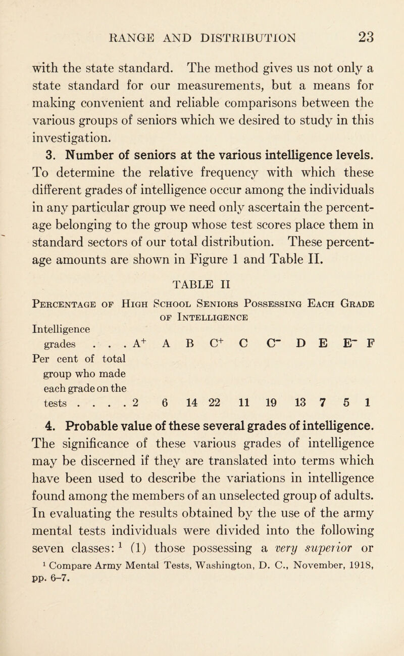 with the state standard. The method gives us not only a state standard for our measurements, hut a means for making convenient and reliable comparisons between the various groups of seniors which we desired to study in this investigation. 3. Number of seniors at the various intelligence levels. To determine the relative frequency with which these different grades of intelligence occur among the individuals in any particular group we need only ascertain the percent¬ age belonging to the group whose test scores place them in standard sectors of our total distribution. These percent¬ age amounts are shown in Figure 1 and Table II. TABLE II Percentage of High School Seniors Possessing Each Grade of Intelligence Intelligence grades . . . A+ A B C+ C G” D E E““ F Per cent of total group who made each grade on the tests .... 2 6 14 22 11 19 13 7 5 1 4. Probable value of these several grades of intelligence. The significance of these various grades of intelligence may be discerned if they are translated into terms which have been used to describe the variations in intelligence found among the members of an unselected group of adults. In evaluating the results obtained by the use of the army mental tests individuals were divided into the following seven classes: 1 (1) those possessing a very superior or 1 Compare Army Mental Tests, Washington, D. C., November, 1918, pp. 6-7.