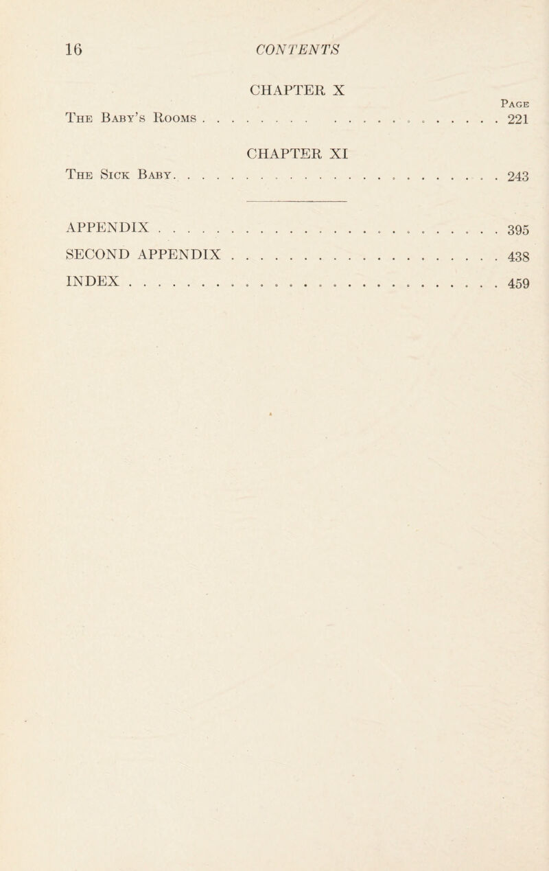 CHAPTER X Page The Baby’s Rooms.. ..221 CHAPTER XI The Sick Baby...... . 243 APPENDIX. 395 SECOND APPENDIX.438 INDEX. 459