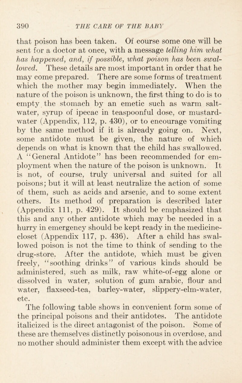 that poison has been taken. Of course some one will be sent for a doctor at once, with a message telling him what has happened, and, if possible, what poison has been swal¬ lowed. These details are most important in order that he may come prepared. There are some forms of treatment which the mother may begin immediately. When the nature of the poison is unknown, the first thing to do is to empty the stomach by an emetic such as warm salt¬ water, syrup of ipecac in teaspoonful dose, or mustard- water (Appendix, 112, p. 430), or to encourage vomiting by the same method if it is already going on. Next, some antidote must be given, the nature of which depends on what is known that the child has swallowed. A “General Antidote7’ has been recommended for em¬ ployment when the nature of the poison is unknown. It is not, of course, truly universal and suited for all poisons; but it will at least neutralize the action of some of them, such as acids and arsenic, and to some extent others. Its method of preparation is described later (Appendix 111, p. 429). It should be emphasized that this and any other antidote which may be needed in a hurry in emergency should be kept ready in the medicine- closet (Appendix 117, p. 436). After a child has swal¬ lowed poison is not the time to think of sending to the drug-store. After the antidote, which must be given freely, 11 soothing drinks77 of various kinds should be administered, such as milk, raw white-of-egg alone or dissolved in water, solution of gum arabic, flour and water, flaxseed-tea, barley-water, slippery-elm-water, etc. The following table shows in convenient form some of the principal poisons and their antidotes. The antidote italicized is the direct antagonist of the poison. Some of these are themselves distinctly poisonous in overdose, and no mother should administer them except with the advice