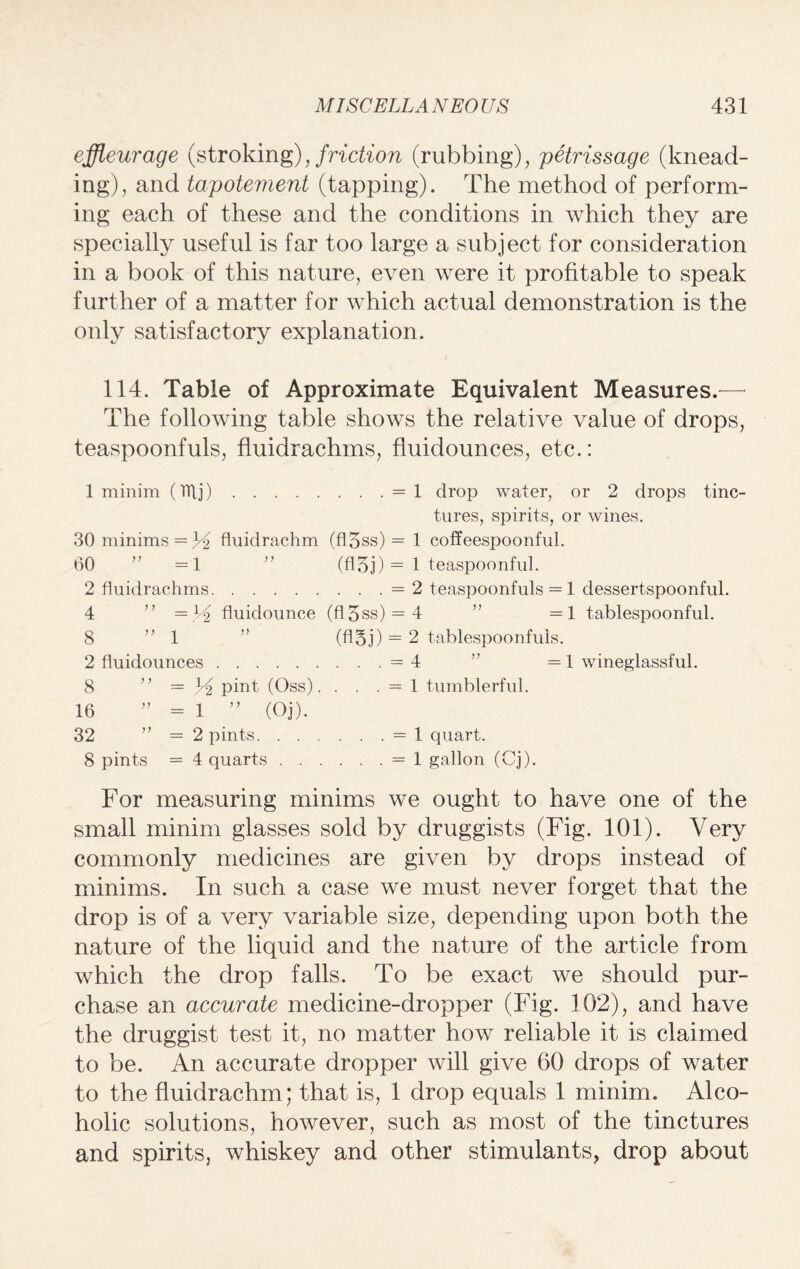 effleurage (stroking), friction (rubbing), petrissage (knead¬ ing), and tapotement (tapping). The method of perform¬ ing each of these and the conditions in which they are specially useful is far too large a subject for consideration in a book of this nature, even were it profitable to speak further of a matter for which actual demonstration is the only satisfactory explanation. 114. Table of Approximate Equivalent Measures.— The following table shows the relative value of drops, teaspoonfuls, fluidrachms, fluidounces, etc.: 1 minim (Tilj).= 1 drop water, or 2 drops tinc¬ tures, spirits, or wines. 30 minims = ^2 fluidrachm (flqss) = 1 coffeespoonful. 60 ” =1 ” (f!5j) = 1 teaspoonful. 2 fluidrachms.=2 teaspoonfuls = 1 dessertspoonful. 4 ” =}i fluidounce (fl5ss) = 4 ” =1 tablespoonful. 8 ”1 ” (fl5j) = 2 tablespoonfuls. 2 fluidounces.— 4 ” =1 wineglassful. 8 ” = % pint (Oss). . . . = 1 tumblerful. 16 ” = 1 ” (Oj). 32 ” = 2 pints. = 1 quart. 8 pints = 4 quarts.= 1 gallon (Cj). For measuring minims we ought to have one of the small minim glasses sold by druggists (Fig. 101). Very commonly medicines are given by drops instead of minims. In such a case we must never forget that the drop is of a very variable size, depending upon both the nature of the liquid and the nature of the article from which the drop falls. To be exact we should pur¬ chase an accurate medicine-dropper (Fig. 102), and have the druggist test it, no matter how reliable it is claimed to be. An accurate dropper will give 60 drops of water to the fluidrachm; that is, 1 drop equals 1 minim. Alco¬ holic solutions, however, such as most of the tinctures and spirits, whiskey and other stimulants, drop about