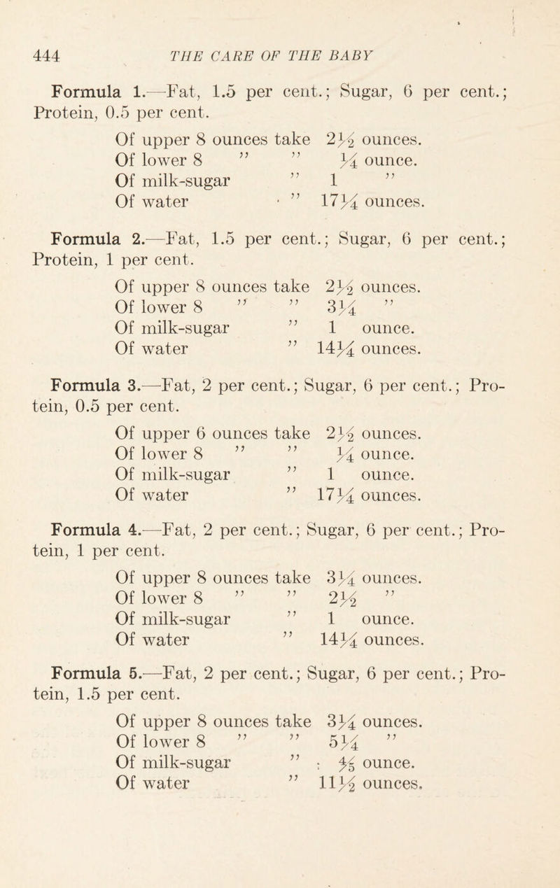 Formula 1.—Fat, 1.5 per cent.; Sugar, 6 per cent.; Protein, 0.5 per cent. Of upper 8 ounces take 2y ounces. Of lower 8 ” ” ounce. Of milk-sugar ” 1 ” Of water ■ ” 17y± ounces. Formula 2.—Fat, 1.5 per cent.; Sugar, 6 per cent.; Protein, 1 per cent. Of upper 8 ounces take 2x/2 ounces. Of lower 8 ” ” 3J4 Of milk-sugar ” 1 ounce. Of water ” 14^ ounces. Formula 3.—Fat, 2 per cent.; Sugar, 6 per cent.; Pro¬ tein, 0.5 per cent. Of upper 6 ounces take 2x/2 ounces. Of lower 8 ” ” y ounce. Of milk-sugar ” 1 ounce. Of water ” 17*4 ounces. Formula 4.—Fat, 2 per cent.; Sugar, 6 per cent.; Pro¬ tein, 1 per cent. Of upper 8 ounces take 334 ounces. Of lower 8 ” ” 234 ” Of milk-sugar 1 ounce. Of water ” 1434 ounces. Formula 5.—Fat, 2 per cent.; Sugar, 6 per cent.; Pro¬ tein, 1.5 per cent. Of upper 8 ounces take 334 ounces. Of lower 8 ” 534 ” Of milk-sugar ” : % ounce.