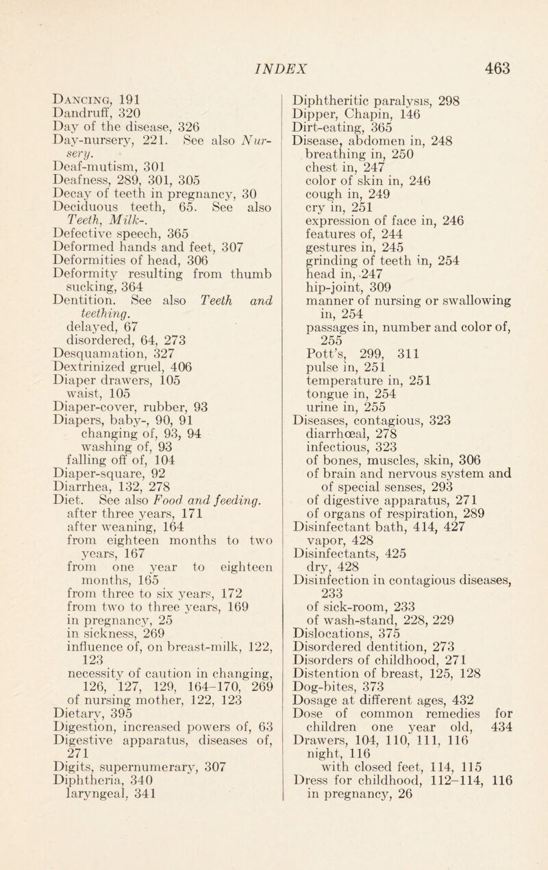 Dancing, 191 Dandruff, 320 Day of the disease, 326 Day-nursery, 221. See also Nur¬ sery. Deaf-mutism, 301 Deafness, 289, 301, 305 Decay of teeth in pregnancy, 30 Deciduous teeth, 65. See also Teeth, Milk-. Defective speech, 365 Deformed hands and feet, 307 Deformities of head, 306 Deformity resulting from thumb sucking, 364 Dentition. See also Teeth and teething. delayed, 67 disordered, 64, 273 Desquamation, 327 Dextrinized gruel, 406 Diaper drawers, 105 waist, 105 Diaper-cover, rubber, 93 Diapers, baby-, 90, 91 changing of, 93, 94 washing of, 93 falling off of, 104 Diaper-square, 92 Diarrhea, 132, 278 Diet. See also Food and feeding. after three years, 171 after weaning, 164 from eighteen months to two years, 167 from one year to eighteen months, 165 from three to six years, 172 from two to three years, 169 in pregnancy, 25 in sickness, 269 influence of, on breast-milk, 122, 123 necessity of caution in changing, 126, 127, 129, 164-170, 269 of nursing mother, 122, 123 Dietary, 395 Digestion, increased powers of, 63 Digestive apparatus, diseases of, 271 Digits, supernumerary, 307 Diphtheria, 340 laryngeal, 341 Diphtheritic paralysis, 298 Dipper, Chapin, 146 Dirt-eating, 365 Disease, abdomen in, 248 breathing in, 250 chest in, 247 color of skin in, 246 cough in, 249 cry in, 251 expression of face in, 246 features of, 244 gestures in, 245 grinding of teeth in, 254 head in, 247 hip-joint, 309 manner of nursing or swallowing in, 254 passages in, number and color of, 255 Pott’s, 299, 311 pulse in, 251 temperature in, 251 tongue in, 254 urine in, 255 Diseases, contagious, 323 diarrhoeal, 278 infectious, 323 of bones, muscles, skin, 306 of brain and nervous system and of special senses, 293 of digestive apparatus, 271 of organs of respiration, 289 Disinfectant bath, 414, 427 vapor, 428 Disinfectants, 425 dry, 428 Disinfection in contagious diseases, 233 of sick-room, 233 of wash-stand, 228, 229 Dislocations, 375 Disordered dentition, 273 Disorders of childhood, 271 Distention of breast, 125, 128 Dog-bites, 373 Dosage at different ages, 432 Dose of common remedies for children one year old, 434 Drawers, 104, 110, 111, 116 night, 116 with closed feet, 114, 115 Dress for childhood, 112-114, 116 in pregnancy, 26