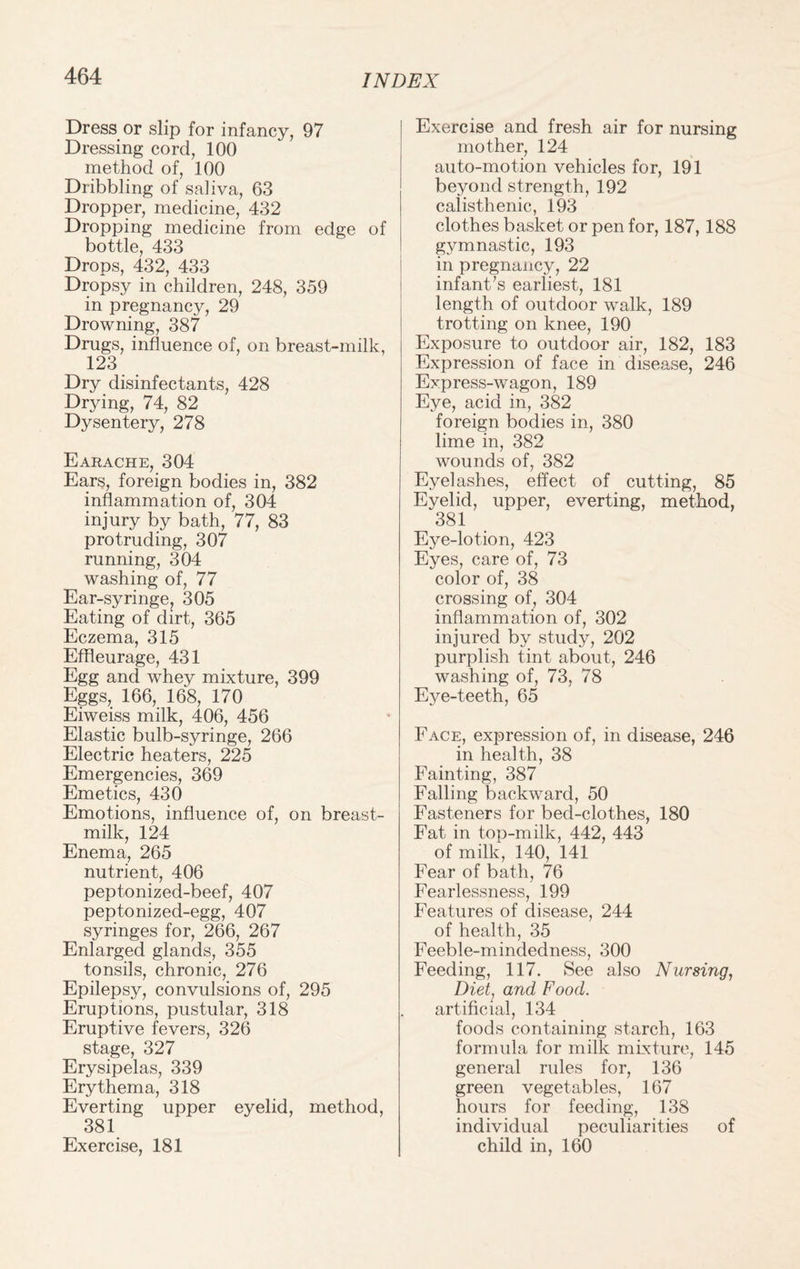 Dress or slip for infancy, 97 Dressing cord, 100 method of, 100 Dribbling of saliva, 63 Dropper, medicine, 432 Dropping medicine from edge of bottle, 433 Drops, 432, 433 Dropsy in children, 248, 359 in pregnancy, 29 Drowning, 387 Drugs, influence of, on breast-milk, 123 Dry disinfectants, 428 Drying, 74, 82 Dysentery, 278 Earache, 304 Ears, foreign bodies in, 382 inflammation of, 304 injury by bath, 77, 83 protruding, 307 running, 304 washing of, 77 Ear-syringe, 305 Eating of dirt, 365 Eczema, 315 Effleurage, 431 Egg and whey mixture, 399 Eggs, 166, 168, 170 Eiweiss milk, 406, 456 Elastic bulb-syringe, 266 Electric heaters, 225 Emergencies, 369 Emetics, 430 Emotions, influence of, on breast- milk, 124 Enema, 265 nutrient, 406 peptonized-beef, 407 peptonized-egg, 407 syringes for, 266, 267 Enlarged glands, 355 tonsils, chronic, 276 Epilepsy, convulsions of, 295 Eruptions, pustular, 318 Eruptive fevers, 326 stage, 327 Erysipelas, 339 Erythema, 318 Everting upper eyelid, method, 381 Exercise, 181 Exercise and fresh air for nursing mother, 124 auto-motion vehicles for, 191 beyond strength, 192 calisthenic, 193 clothes basket or pen for, 187,188 gymnastic, 193 in pregnancy, 22 infant’s earliest, 181 length of outdoor walk, 189 trotting on knee, 190 Exposure to outdoor air, 182, 183 Expression of face in disease, 246 Express-wagon, 189 Eye, acid in, 382 foreign bodies in, 380 lime in, 382 wounds of, 382 Eyelashes, effect of cutting, 85 Eyelid, upper, everting, method, 381 Eye-lotion, 423 Eyes, care of, 73 color of, 38 crossing of, 304 inflammation of, 302 injured by study, 202 purplish tint about, 246 washing of, 73, 78 Eye-teeth, 65 Face, expression of, in disease, 246 in health, 38 Fainting, 387 Falling backward, 50 Fasteners for bed-clothes, 180 Fat in top-milk, 442, 443 of milk, 140, 141 Fear of bath, 76 Fearlessness, 199 Features of disease, 244 of health, 35 Feeble-mindedness, 300 Feeding, 117. See also Nursing, Diet, and Food. artificial, 134 foods containing starch, 163 formula for milk mixture, 145 general rules for, 136 green vegetables, 167 hours for feeding, 138 individual peculiarities of child in, 160