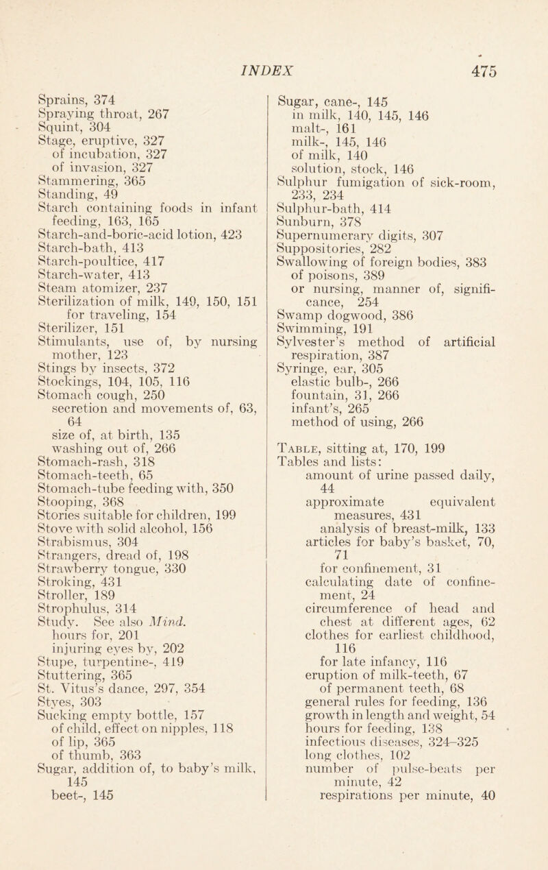 Sprains, 374 Spraying throat, 267 Squint, 304 Stage, eruptive, 327 of incubation, 327 of invasion, 327 Stammering, 365 Standing, 49 Starch containing foods in infant feeding, 163, 165 Starch-and-boric-acid lotion, 423 Starch-bath, 413 Starch-poultice, 417 Starch-water, 413 Steam atomizer, 237 Sterilization of milk, 149, 150, 151 for traveling, 154 Sterilizer, 151 Stimulants, use of, by nursing mother, 123 Stings by insects, 372 Stockings, 104, 105, 116 Stomach cough, 250 secretion and movements of, 63, . 64 size of, at birth, 135 washing out of, 266 Stomach-rash, 318 Stomach-teeth, 65 Stomach-tube feeding with, 350 Stooping, 368 Stories suitable for children, 199 Stove with solid alcohol, 156 Strabismus, 304 Strangers, dread of, 198 Strawberry tongue, 330 Stroking, 431 Stroller, 189 Strophulus, 314 Study. See also Mind. hours for, 201 injuring eyes by, 202 Stupe, turpentine-, 419 Stuttering, 365 St. Vitus’s dance, 297, 354 Styes, 303 Sucking empty bottle, 157 of child, effect on nipples, 118 of lip, 365 of thumb, 363 Sugar, addition of, to baby’s milk, 145 beet-, 145 Sugar, cane-, 145 in milk, 140, 145, 146 malt-, 161 milk-, 145, 146 of milk, 140 solution, stock, 146 Sulphur fumigation of sick-room, 233, 234 Sulphur-bath, 414 Sunburn, 378 Supernumerary digits, 307 Suppositories, 282 Swallowing of foreign bodies, 383 of poisons, 389 or nursing, manner of, signifi¬ cance, 254 Swamp dogwood, 386 Swimming, 191 Sylvester’s method of artificial respiration, 387 Syringe, ear, 305 elastic bulb-, 266 fountain, 31, 266 infant’s, 265 method of using, 266 Table, sitting at, 170, 199 Tables and lists: amount of urine passed daily, 44 approximate equivalent measures, 431 analysis of breast-milk, 133 articles for baby’s basket, 70, 71 for confinement, 31 calculating date of confine¬ ment, 24 circumference of head and chest at different ages, 62 clothes for earliest childhood, 116 for late infancy, 116 eruption of milk-teeth, 67 of permanent teeth, 68 general rules for feeding, 136 growth in length and weight, 54 hours for feeding, 138 infectious diseases, 324-325 long clothes, 102 number of pulse-beats per minute, 42 respirations per minute, 40