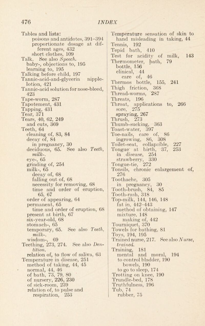 Tables and lists: poisons and antidotes, 391-394 proportionate dosage at dif¬ ferent ages, 432 short clothes, 109 Talk. See also Speech. baby-, objections to, 195 learning to, 195 Talking before child, 197 T annic-acid-and-glycerin nipple- lotion, 421 Tannic-acid solution for nose-bleed, 423 Tape-worm, 287 Tapotement, 431 Tapping, 431 Tear, 371 Tears, 40, 62, 249 and cuts, 369 Teeth, 64 cleaning of, 83, 84 decay of, 84 in pregnancy, 30 deciduous, 65. See also Teeth, milk-. eye-, 65 grinding of, 254 milk-, 65 decay of, 68 falling out of, 68 necessity for removing, 68 time and order of eruption, 65, 67 order of appearing, 64 permanent, 65 time and order of eruption, 68 present at birth, 67 six-year-old, 68 stomach-, 65 temporary, 65. See also Teeth, milk-. wisdom-, 69 Teething, 273, 274. See also Den¬ tition. relation of, to flow of saliva, 63 Temperature in disease, 251 method of taking, 44, 45 normal, 44, 46 of bath, 73, 79, 80 of nursery, 226, 230 of sick-room, 239 relation of, to pulse and respiration, 253 Temperature sensation of skin to hand misleading in taking, 44 Tennis, 192 Tepid bath, 410 Test for acidity of milk, 143 Thermometer, bath, 79 bottle, 156 clinical, 44 care of, 46 Thermos bottle, 155, 241 Thigh friction, 368 Thread-worms, 287 Threats, 196 Throat, applications to, 266 sore, 275 spraying, 267 Thrush, 273 Thumb-sucking, 363 Toast-water, 397 Toe-nails, care of, 86 ingrowing, 86, 308 Toilet-seat, collapsible, 227 Tongue' at birth, 37, 253 in disease, 254 strawb erry, 330 Tongue-tie, 272 Tonsils, chronic enlargement of, 276 Toothache, 305 in pregnancy, 30 Tooth-brush, 84, 85 Tooth-rash, 318 Top-milk, 144, 146, 148 fat in, 442-443 method of obtaining, 147 mixture, 148 making of, 442 Tourniquet, 370 Towels for bathing, 81 Toys, 194, 195 Trained nurse, 217. See also N urse, trained. Training, 181 mental and moral, 194 to control bladder, 190 bowels, 190 to go to sleep, 174 Trotting on knee, 190 Trundle-bed, 178 Truthfulness, 196 Tub, 74 rubber, 75