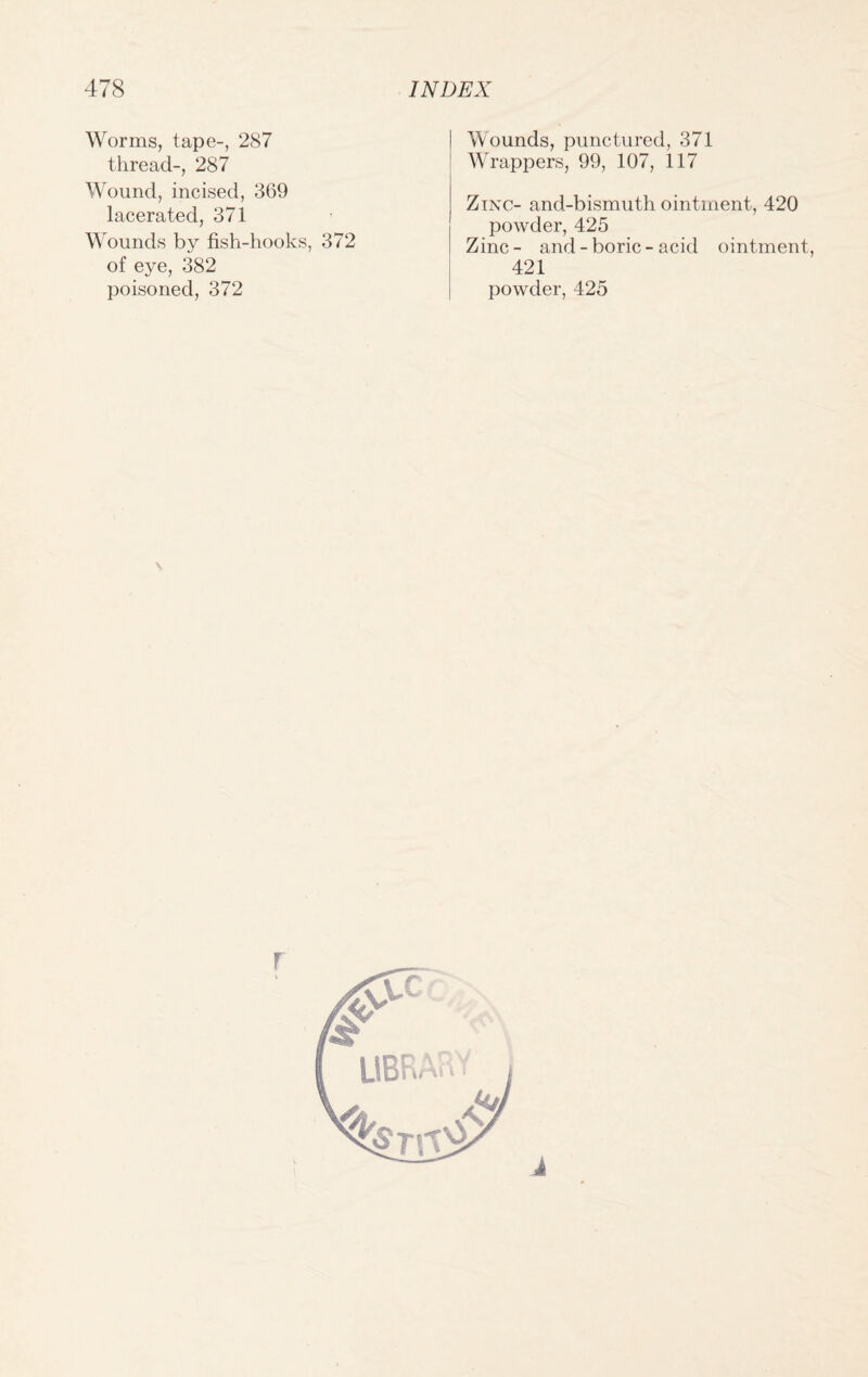 Worms, tape-, 287 thread-, 287 Wound, incised, 369 lacerated, 371 Wounds by fish-hooks, 372 of eye, 382 poisoned, 372 Wounds, punctured, 371 Wrappers, 99, 107, 117 Zinc- and-bismuth ointment, 420 powder, 425 Zinc- and-boric-acid ointment, 421 powder, 425
