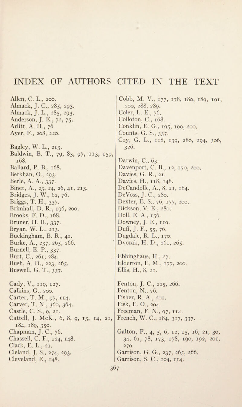 INDEX OF AUTHORS CITED IN THE TEXT Allen, C. L., 200. Almack, J. C., 285, 293. Almack, J. L., 285, 293. Anderson, J. E., 72, 75. Arlitt, A. FF, 76 Ayer, F., 208, 220. Bagley, W. L., 213. Baldwin, B. T., 79, 83, 97, 113, 159, 168. Ballard, P. B., 168. Berkhan, O., 293. Berle, A. A., 337. Binet, A., 23, 24, 26, 41, 213. Bridges, J. W., 62, 76. Briggs, T. H., 337. Brimhall, D. R., 196, 200. Brooks, F. D., 168. Bruner, H. B., 337. Bryan, W. L., 213. Buckingham, B. R., 41. Burke, A., 237, 265, 266. Burnell, E. P., 337. Burt, C., 261, 284. Bush, A. D., 223, 265. Buswell, G. T., 337. Cady, V., 119, 127. Calkins, G., 200. Carter, T. M., 97, 114. Carver, T. N., 360, 364. Castle, C. S., 9, 21. Cattell, J. McK., 6, 8, 9, 13, 14, 21, 184, 189, 350. Chapman, J. C., 76. Chassell, C. F., 124, 148. Clark, E. L., 21. Cleland, J. S., 274, 293. Cleveland, E., 148. Cobb, M. V., 177, 178, 180, 189, 191, 200, 288, 289. Coler, L. E., 76. Colloton, C., 168. Conklin, E. G., 195, 199, 200. Counts, G. S., 337. Coy, G. L., 118, 139, 280, 294, 306, 3 26. Darwin, C., 63. Davenport, C. B., 12, 170, 200. Davies, G. R., 21. Davies, H., 118, 148. DeCandolle, A., 8, 21, 184. DeVoss, J. C., 280. Dexter, E. S., 76, 177, 200. Dickson, V. E., 280. Doll, E. A., 156. Downey, J. E., 119. Duff, J. F., 55, 76. Dugdale, R. L., 170. Dvorak, H. D., 261, 265. Ebbinghaus, H., 27. Elderton, E. M., 177, 200. Ellis, H., 8, 21. Fenton, J. C., 225, 266. Fenton, N., 76. Fisher, R. A., 201. Fisk, E. O., 294. Freeman, F. N., 97, 114. French, W. C., 284, 317, 337. Gal ton, F., 4, 5, 6, 12, 15, 16, 21, 30, 34, 61, 78, 173, 178, 190, 192, 201, 270. Garrison, G. G., 237, 265, 266. Garrison, S. C., 104, 114.