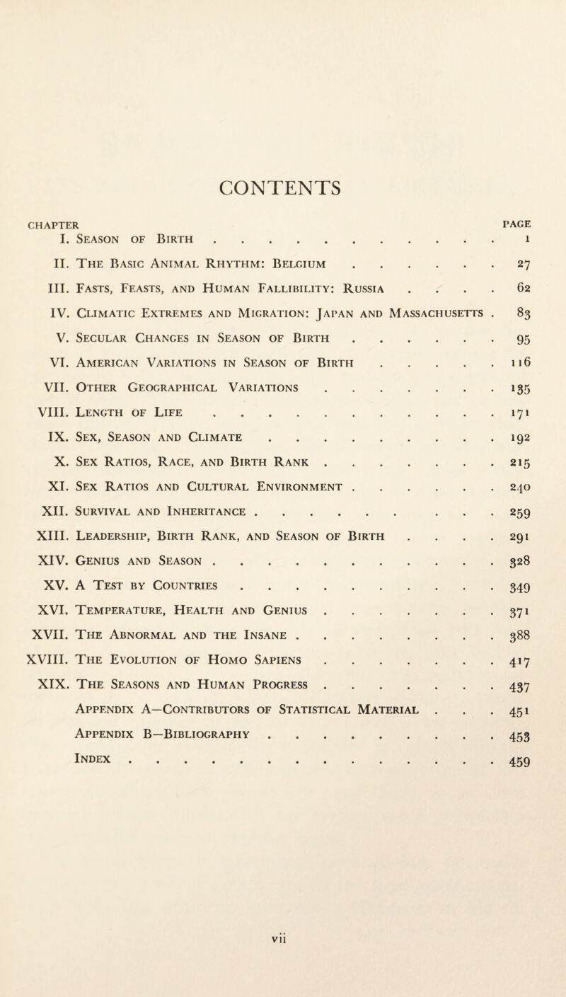 CONTENTS CHAPTER PAGE I. Season of Birth.1 II. The Basic Animal Rhythm: Belgium.27 III. Fasts, Feasts, and Human Fallibility: Russia .... 62 IV. Climatic Extremes and Migration: Japan and Massachusetts . 83 V. Secular Changes in Season of Birth.95 VI. American Variations in Season of Birth.116 VII. Other Geographical Variations.135 VIII. Length of Life ..171 IX. Sex, Season and Climate.192 X. Sex Ratios, Race, and Birth Rank.215 XI. Sex Ratios and Cultural Environment.240 XII. Survival and Inheritance. ... 259 XIII. Leadership, Birth Rank, and Season of Birth . . . .291 XIV. Genius and Season.328 XV. A Test by Countries.349 XVI. Temperature, Health and Genius.371 XVII. The Abnormal and the Insane.388 XVIII. The Evolution of Homo Sapiens.417 XIX. The Seasons and Human Progress.437 Appendix A—Contributors of Statistical Material . . .451 Appendix B—Bibliography.453 lNDEX.459