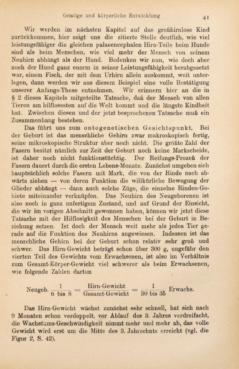 Wir werden im nächsten Kapitel auf das großhirnlose Kind zurückkommen, hier zeigt uns die zitierte Stelle deutlich, wie viel leistungsfähiger die gleichen palaeencephalen Hirn-Teile beim Hunde sind als beim Menschen, wie viel mehr der Mensch von seinem Neuhirn abhängt als der Hund. Bedenken wir nun, wie doch aber auch der Hund ganz enorm in seiner Leistungsfähigkeit herabgesetzt war, einem Fisch, der mit dem Urhirn allein auskommt, weit unter¬ legen, dann werden wir aus diesem Beispiel eine volle Bestätigung unserer Anfangs-These entnehmen. Wir erinnern hier an die in § 2 dieses Kapitels mitgeteilte Tatsache, daß der Mensch von allen Tieren am hilflosesten auf die Welf kommt und die längste Kindheit hat. Zwischen diesen und der jetzt besprochenen Tatsache muß ein Zusammenhang bestehen. Das führt uns zum ontogenetischen Gesichtspunkt. Bei der Geburt ist das menschliche Gehirn zwar makroskopisch fertig, seine mikroskopische Struktur aber noch nicht. Die größte Zahl der Fasern besitzt nämlich zur Zeit der Geburt noch keine Markscheide, ist daher noch nicht funktionstüchtig. Der Reifungs-Prozeß der Fasern dauert durch die ersten Lebens-Monate. Zunächst umgeben sich hauptsächlich solche Fasern mit Mark, die von der Rinde nach ab¬ wärts ziehen — von deren Funktion die willkürliche Bewegung der Glieder abhängt — dann auch solche Züge, die einzelne Rinden-Ge¬ biete miteinander verknüpfen. Das Neuhirn des Neugeborenen ist also noch in ganz unfertigem Zustand, und auf Grund der Einsicht, die wir im vorigen Abschnitt gewonnen haben, können wir jetzt diese Tatsache mit der Hilflosigkeit des Menschen bei der Geburt in Be¬ ziehung setzen. Ist doch der Mensch weit mehr als jedes Tier ge¬ rade auf die Funktion des Neuhirns angewiesen. Indessen ist das menschliche Gehirn bei der Geburt schon relativ sehr groß und schwer. Das Hirn-Gewicht beträgt schon über 300 g, ungefähr den vierten Teil des Gewichts vom Erwachsenen, ist also im Verhältnis zum Gesamt-Körper-Gewicht viel schwerer als beim Erwachsenen, wie folgende Zahlen dartun XT , 1 Hirn-Gewicht 1 i? n NeUgeb‘ tTbis S = Gesamt-Gewicht = 30 35 E™achs- Das Hirn-Gewicht wächst zunächst sehr schnell, hat sich nach 9 Monaten schon verdoppelt, vor Ablauf des 3. Jahres verdreifacht, die Wachstums-Geschwindigkeit nimmt mehr und mehr ab, das volle Gewicht wird erst um die Mitte des 3. Jahrzehnts erreicht (vgl. die Figur 2, S. 42).