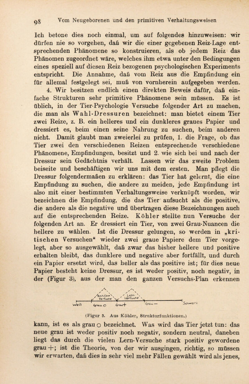 Ich betone dies noch einmal, um auf folgendes hinzuweisen: wir dürfen nie so Vorgehen, daß wir die einer gegebenen Reiz-Lage ent¬ sprechenden Phänomene so konstruieren, als ob jedem Reiz das Phänomen zugeordnet wäre, welches ihm etwa unter den Bedingungen eines speziell auf diesen Reiz bezogenen psychologischen Experiments entspricht. Die Annahme, daß vom Reiz aus die Empfindung ein für allemal festgelegt sei, muß von vornherein aufgegeben werden. 4. Wir besitzen endlich einen direkten Beweis dafür, daß ein¬ fache Strukturen sehr primitive Phänomene sein müssen. Es ist üblich, in der Tier-Psychologie Versuche folgender Art zu machen, die man als Wahl-Dressuren bezeichnet: man bietet einem Tier zwei Reize, z. B. ein helleres und ein dunkleres graues Papier und dressiert es, beim einen seine Nahrung zu suchen, beim anderen nicht. Damit glaubt man zweierlei zu prüfen, 1. die Frage, ob das Tier zwei den verschiedenen Reizen entsprechende verschiedene Phänomene, Empfindungen, besitzt und 2. wie sich bei und nach der Dressur sein Gedächtnis verhält. Lassen wir das zweite Problem beiseite und beschäftigen wir uns mit dem ersten. Man pflegt die Dressur folgendermaßen zu erklären: das Tier hat gelernt, die eine Empfindung zu suchen, die andere zu meiden, jede Empfindung ist also mit einer bestimmten Verhaltungsweise verknüpft worden, wir bezeichnen die Empfindung, die das Tier aufsucht als die positive, die andere als die negative und übertragen diese Bezeichnungen auch auf die entsprechenden Reize. Köhler stellte nun Versuche der folgenden Art an. Er dressiert ein Tier, von zwei Grau-Nuancen die hellere zu wählen. Ist die Dressur gelungen, so werden in „kri¬ tischen Versuchen“ wieder zwei graue Papiere dem Tier vorge¬ legt, aber so ausgewählt, daß zwar das bisher hellere und positive erhalten bleibt, das dunklere und negative aber fortfällt, und durch ein Papier ersetzt wird, das heller als das positive ist; für dies neue Papier besteht keine Dressur, es ist weder positiv, noch negativ, in der (Figur 3), aus der man den ganzen Versuchs-Plan erkennen i— Weift -f Ve rfuxAe n _ * i_err>- •> Verfuche ' O fcjrau4~ - QfUU.- r z. (Figur 8. Aus Köhler, Strukturfunktionen.) kann, ist es als grau o bezeichnet. Was wird das Tier jetzt tun: das neue grau ist weder positiv noch negativ, sondern neutral, daneben liegt das durch die vielen Lern-Versuche stark positiv gewordene grau+; ist die Theorie, von der wir ausgingen, richtig, so müssen wir erwarten, daß dies in sehr viel mehr Fällen gewählt wird als jenes,