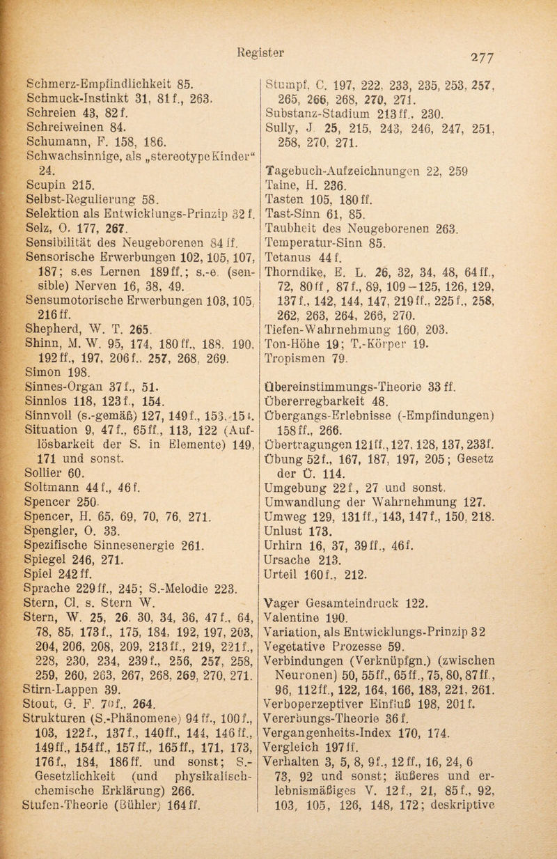 Schmerz-Empfindlichkeit 85. Schmuck-Instinkt 31, 81 f., 263. Schreien 43, 82 f. Schreiweinen 84. Schumann, F. 158, 186. Schwachsinnige, als „stereotypeKinder“ 24. Scupin 215. Selbst-Regulierung 58. Selektion als Entwicklungs-Prinzip 32 f. Selz, 0. 177, 267. Sensibilität des Neugeborenen 84 if. Sensorische Erwerbungen 102,105,107, 187; s.es Lernen 189 ff.; s.-e, (sen¬ sible) Nerven 16, 38, 49. Sensumotorische Erwerbungen 103,105, 216 If. Shepherd, W. T. 265. Shinn, M. W. 95, 174, 180 ff., 188, 190, 192ff., 197, 206 f., 257, 268, 269. Simon 198. Sinnes-Organ 37 f., 51. Sinnlos 118, 123 f., 154. Sinnvoll (s.-gemäß) 127, 149f., 153, 15 h Situation 9, 47 f., 65ff,, 113, 122 (Auf¬ lösbarkeit der S. in Elemente) 149, 171 und sonst. Sollier 60. Soltmann 44 f., 461. Spencer 250 Spencer, H. 65, 69, 70, 76, 271. Spengler, 0. 33. Spezifische Sinnesenergie 261. Spiegel 246, 271. Spiel 242 ff. Sprache 229ff., 245; S.-Melodie 223. Stern, CI. s. Stern W. Stern, W. 25, 26. 30, 34, 36, 47 f., 64, 78, 85, 173 f., 175, 184, 192, 197, 203, 204, 206, 208, 209, 213ff., 219, 2211, 228, 230, 234, 2391, 256, 257, 258, 259, 260, 263, 267, 268, 269, 270, 271. Stirn-Lappen 39. Stout, G. F. 701, 264. Strukturen (S.-Phänomene) 94 fl, 1001, 103, 1221, 1371, 140fl, 144, 14611, 149fl, 154 ff., 157 ff., 165 ff., 171, 173, 1761, 184, 186fl und sonst; S.- Gesetzlichkeit (und physikalisch¬ chemische Erklärung) 266. Stufen-Theorie (Bühler) 164ff. 277 Stumpf, C. 197, 222, 233, 235, 253, 257, 265, 266, 268, 270, 271. Substanz-Stadium 213 ff., 230. Sully, J 25, 215, 243, 246, 247, 251, 258, 270, 271. Tagebuch-Aufzeichnungen 22, 259 Taine, H. 236. Tasten 105, 180 ff. Tast-Sinn 61, 85. Taubheit des Neugeborenen 263. Temperatur-Sinn 85. Tetanus 44 f. Thorndike, E. L. 26, 32, 34, 48, 64 fl, 72, 80 ff, 871, 89, 109-125, 126, 129, 1371, 142, 144, 147, 219 fl, 2251, 258, 262, 263, 264, 268, 270. Tiefen-Wahrnehmung 160, 203. Ton-Höhe 19; T.-Körper 19. Tropismen 79. Übereinstimmungs-Theorie 33 ff. Übererregbarkeit 48. Übergangs-Erlebnisse (-Empfindungen) 15811,266. Übertragungen 12111,127,128,137, 2331 Übung 521, 167, 187, 197, 205; Gesetz der ü. 114. Umgebung 221, 27 und sonst, Umwandlung der Wahrnehmung 127. Umweg 129, 131 fl, 143, 1471, 150, 218. Unlust 173. Urhirn 16, 37, 39 ff., 46f. Ursache 213. Urteil 1601, 212. Vager Gesamteindruck 122. Valentine 190. Variation, als Entwicklungs-Prinzip 32 Vegetative Prozesse 59. Verbindungen (Verknüpfgn.) (zwischen Neuronen) 50, 55fl, 65ff., 75, 80, 87ff., 96, 112ff122, 164, 166, 183, 221, 261. Verboperzeptiver Einfluß 198, 2011 Vererbungs-Theorie 36 f. Vergangenheits-Index 170, 174. Vergleich 197 ff. Verhalten 3, 5, 8, 91, 12 fl, 16, 24, 6 73, 92 und sonst; äußeres und er¬ lebnismäßiges V. 121, 2i, 851, 92, 103, 105, 126, 148, 172; deskriptive