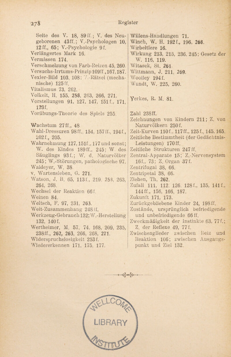 Seite des V. 18, 89ff.; V. des Neu¬ geborenen 43ff.; V.-Psychologen 10, 12 ff., 65; V.-Psycliologie 9f. Verlängertes Mark 16. Vermissen 174. Verschmelzung von Farb-Reizen 45, 260. Versuchs-Irrtums-Prinzip 109ff., 167,187. Vexier-Bild 103, 108; 7.-Rätsel (mecha¬ nische) 125 ff. Vitalismus 73, 262. Volkelt, H. 155, 25S, 263, 266, 271. Vorstellungen 91, 127, 147, 151 f., 171, 17'3f. Vorübungs-Theorie des Spiels 255. Wachstum 27 ff., 48 Wahl-Dressuren 98 ff., 154, 157ff., 1941'., 202f., 205. Wahrnehmung 127,151f., 177und sonst; W. des Kindes 189ff., 245; W des Säuglings 931; W. d. Naturvölker 245; W.-Störungen, pathologische 97. Waideyer, W. 38 v. Wartensleben, G. 271. Watson, J. B. 65, 1131, 219, 25$, 263, 264, 268. Wechsel der Reaktion 661 Weinen 84. Weitsch, F. 97, 231, 263. Welt-Zusammenhang 2481 f. Werkzeug-Gebrauch 132; V/.-Hersteliung 132, 1401 Wertheimer, M. 57, 74, 168, 209, 235, 238ff., 262, 263, 266, 268, 271. Widerspruchslosigkeit 2531 Wiedererkennen 171, 175, 177. Willens-Handlungen 71. Winch, W. H. 1921, 196, 26$. Wirbeltiere 16. Wirkung 213, 215, 236. 245: Gesetz der W. 116, 119. Witasek, St. 261. Wittmann, J. 211, 269. WoolJey 1941 Wundt, W. 225, 260. Yerkes, R. M. 81. Zahl 238ff. Zeichnungen von Kindern 211; Z. von Naturvölkern 250 f. Zeit-Kurven 1101,117 fl, 1251,145,165. Zeitliche Bestimmtheit (der Gedächtnis- Leistungen) 170 ff. Zeitliche Strukturen 247 ff. Zentral-Apparate 15: Z.-Nervensystem 161, 73; Z. Organ 371 Zentrifugal 38, 66. Zentripetal 38, 66. Ziehen, Th. 262. Zufall 111, 112, 126. 1281, 135, 1411, 144 ff., 156, 166, 187. Zukunft 171, 173. Zurückgebliebene Kinder 24, 198 ff. Zustände, ursprünglich befriedigende und unbefriedigende 66 ff. Zweckmäßigkeit der Instinkte 63, 771; Z. der Reflexe 49, 771 Zwischenglieder zwischen Reiz und Reaktion 106; zwischen Ausgangs¬ punkt und Ziel 132.