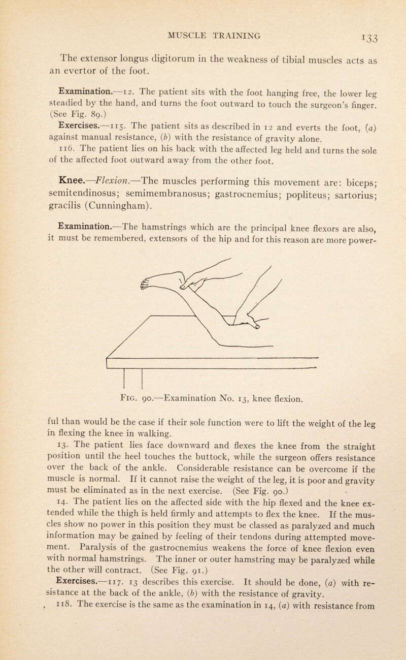 *33 The extensor longus digitorum in the weakness of tibial muscles acts as an evertor of the foot. Examination.—12. The patient sits with the foot hanging free, the lower leg steadied by the hand, and turns the foot outward to touch the surgeon’s finger. (See Fig. 89.) Exercises—115. The patient sits as described in 12 and everts the foot, (a) against manual resistance, (b) with the resistance of gravity alone. 116. The patient lies on his back with the affected leg held and turns the sole of the affected foot outward away from the other foot. Knee.—Flexion.—The muscles performing this movement are: biceps; semitendinosus; semimembranosus; gastrocnemius; popliteus; sartorius; gracilis (Cunningham). Examination. The hamstrings which are the principal knee flexors are also, it must be remembered, extensors of the hip and for this reason are more power- Fig. 90.—Examination No. 13, knee flexion. ful than would be the case if their sole function were to lift the weight of the leg in flexing the knee in walking. 13. The patient lies face downward and flexes the knee from the straight position until the heel touches the buttock, while the surgeon offers resistance over the back of the ankle. Considerable resistance can be overcome if the muscle is normal. If it cannot raise the weight of the leg, it is poor and gravity must be eliminated as in the next exercise. (See Fig. 90.) 14. The patient lies on the affected side with the hip flexed and the knee ex¬ tended while the thigh is held firmly and attempts to flex the knee. If the mus¬ cles show no power in this position they must be classed as paralyzed and much information may be gained by feeling of their tendons during attempted move¬ ment. Paralysis of the gastrocnemius weakens the force of knee flexion even with normal hamstrings. The inner or outer hamstring may be paralyzed while the other will contract. (See Fig. 91.) Exercises.—117. 13 describes this exercise. It should be done, (a) with re¬ sistance at the back of the ankle, (b) with the resistance of gravity. 118. The exercise is the same as the examination in 14, (a) with resistance from