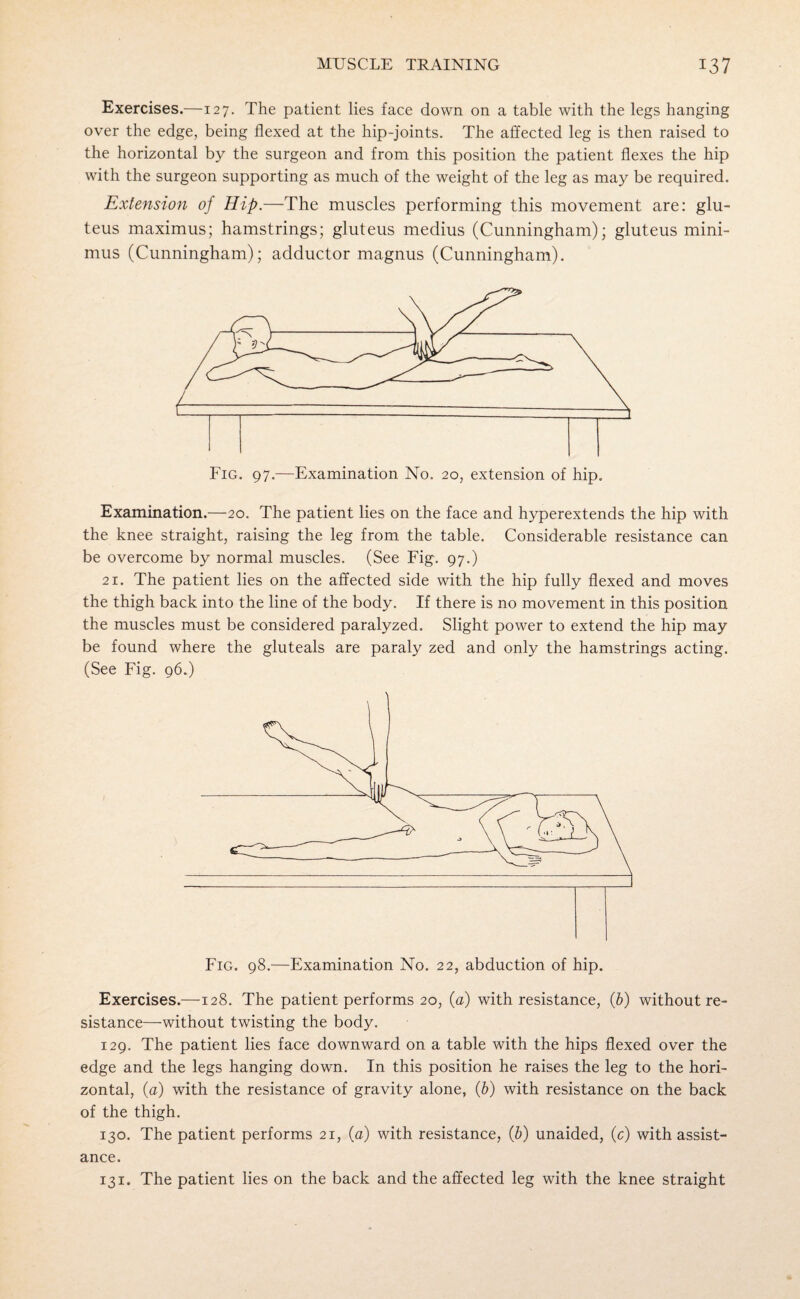 Exercises.—127. The patient lies face down on a table with the legs hanging over the edge, being flexed at the hip-joints. The affected leg is then raised to the horizontal by the surgeon and from this position the patient flexes the hip with the surgeon supporting as much of the weight of the leg as may be required. Extension of Hip.—The muscles performing this movement are: glu¬ teus maximus; hamstrings; gluteus medius (Cunningham); gluteus mini¬ mus (Cunningham); adductor magnus (Cunningham). Fig. 97.—Examination No. 20, extension of hip. Examination.—20. The patient lies on the face and hyperextends the hip with the knee straight, raising the leg from the table. Considerable resistance can be overcome by normal muscles. (See Fig. 97.) 21. The patient lies on the affected side with the hip fully flexed and moves the thigh back into the line of the body. If there is no movement in this position the muscles must be considered paralyzed. Slight power to extend the hip may be found where the gluteals are paraly zed and only the hamstrings acting. (See Fig. 96.) Fig. 98.—Examination No. 22, abduction of hip. Exercises.—128. The patient performs 20, (a) with resistance, (b) without re¬ sistance—without twisting the body. 129. The patient lies face downward on a table with the hips flexed over the edge and the legs hanging down. In this position he raises the leg to the hori¬ zontal, (a) with the resistance of gravity alone, ib) with resistance on the back of the thigh. 130. The patient performs 21, (a) with resistance, (b) unaided, (c) with assist¬ ance. 131. The patient lies on the back and the affected leg with the knee straight