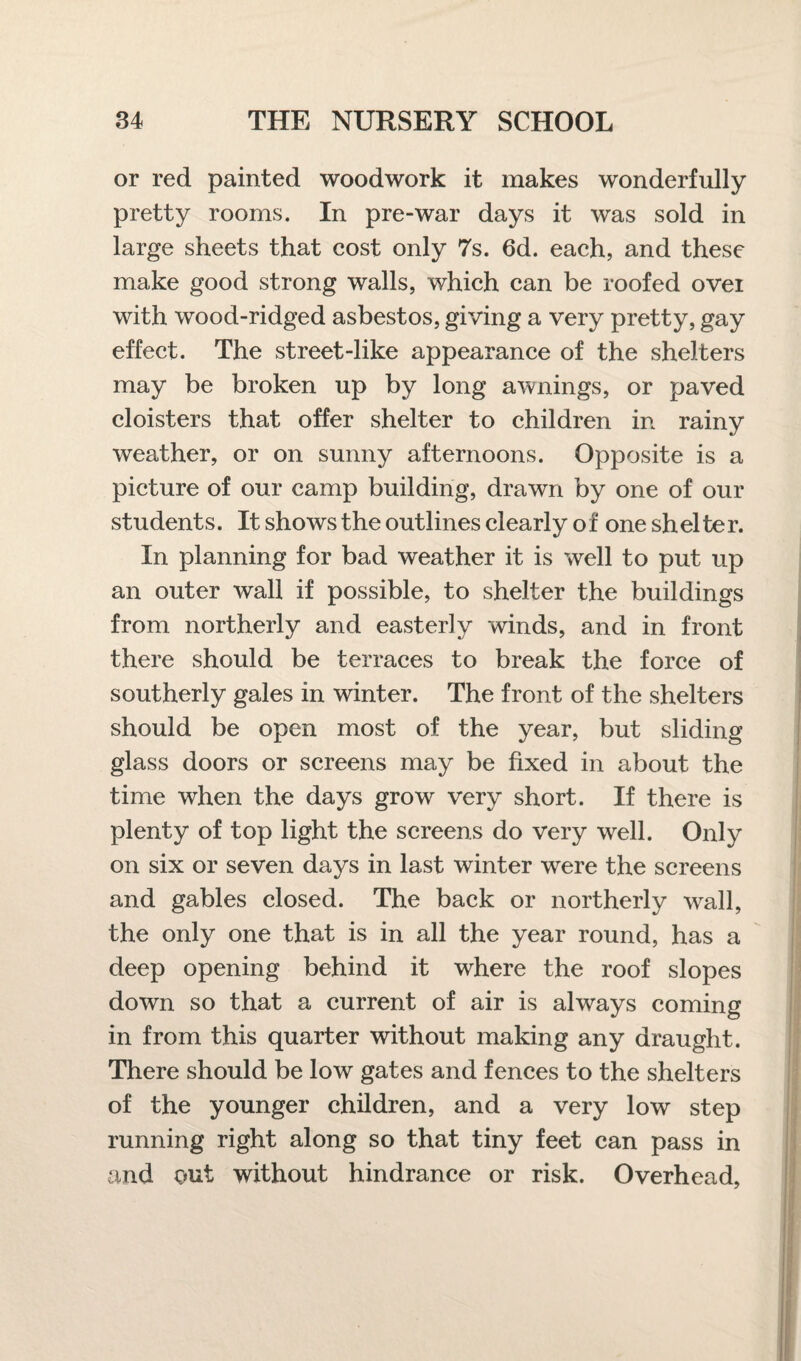 or red painted woodwork it makes wonderfully pretty rooms. In pre-war days it was sold in large sheets that cost only 7s. 6d. each, and these make good strong walls, which can be roofed ovei with wood-ridged asbestos, giving a very pretty, gay effect. The street-like appearance of the shelters may be broken up by long awnings, or paved cloisters that offer shelter to children in rainy weather, or on sunny afternoons. Opposite is a picture of our camp building, drawn by one of our students. It shows the outlines clearly of one shelter. In planning for bad weather it is well to put up an outer wall if possible, to shelter the buildings from northerly and easterly winds, and in front there should be terraces to break the force of southerly gales in winter. The front of the shelters should be open most of the year, but sliding glass doors or screens may be fixed in about the time when the days grow very short. If there is plenty of top light the screens do very well. Only on six or seven days in last winter were the screens and gables closed. The back or northerly wall, the only one that is in all the year round, has a deep opening behind it where the roof slopes down so that a current of air is always coming in from this quarter without making any draught. There should be low gates and fences to the shelters of the younger children, and a very low step running right along so that tiny feet can pass in and out without hindrance or risk. Overhead,