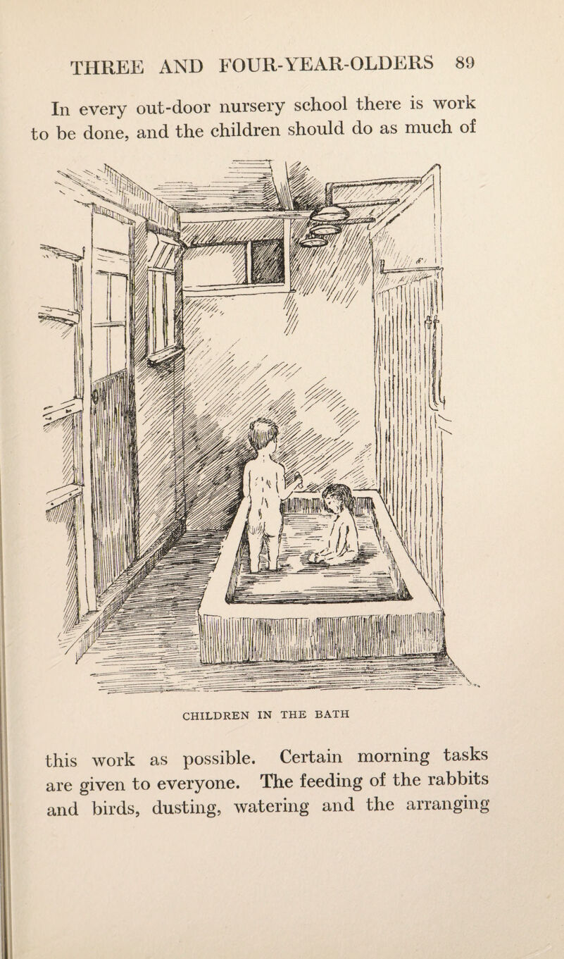 In every out-door nursery school there is work to be done, and the children should do as much of CHILDREN IN THE BATH this work as possible. Certain morning tasks are given to everyone. The feeding of the rabbits and birds, dusting, watering and the arranging