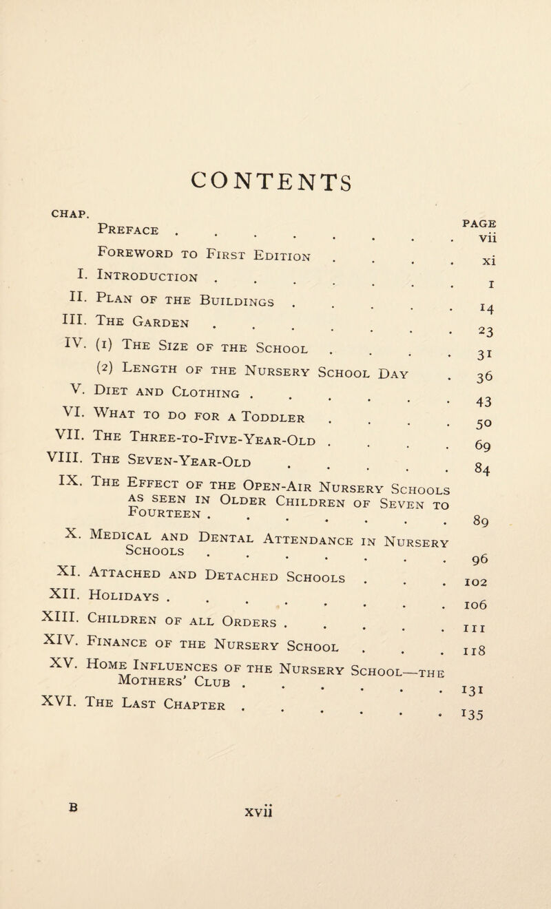 CHAP. CONTENTS Preface . * • • • Foreword to First Edition I. Introduction . II. Plan of the Buildings III. The Garden ***••« IV. (i) The Size of the School (2) Length of the Nursery School Day V. Diet and Clothing . • • • . VI. What to do for a Toddler VII. The Three-to-Five-Year-Old VIII. The Seven-Year-Old IX. The Effect of the Open-Air Nursery Schools as seen in Older Children of Seven to .fourteen . X. Medical and Dental Attendance in Nursery Schools XI. Attached and Detached Schools XII. Holidays . ■ XIII. Children of all Orders . • • • • XIV. Finance of the Nursery School * • • XV. Home Influences of the Nursery School—the Mothers’ Club. XVI. The Last Chapter . page vii xi 1 M 23 3i 36 43 50 69 84 89 96 102 106 in 118 131 I35 B