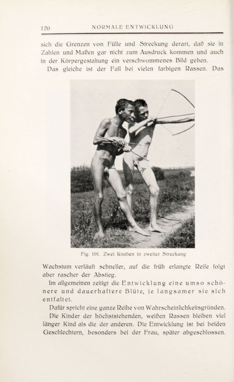 \ O lv M \l t: t'\ l'WlCKl UNO sich die Grenzen von Fülle und Streckung derart, dal? sie in Zahlen und Maßen gar nicht /um Ausdruck kommen und auch in der Körpergcstaltung ein verschwommenes Bild geben. Pas gleiche ist der Pall bei vielen farbigen Passen. Pas Wachstum verläuft schneller, auf die früh erlangte Pcifc folgt aber rascher der Abstieg-. hu allgemeinen zeitigt die P n t w i e k 1 u n g ei n e u m s o s eh o n e r e u n d d a u e r h a f t e r e B1 ii t e, i e 1 a n g s a m e t* s i e s i e h entfaltet. Pafiir spricht eine ganze Peihe von Wahrseheinliehkeitsgriinden. Pie Kinder der höchststehenden, weißen Passen bleiben viel länger Kind als die der anderen. Pie Entwicklung ist bei beiden Geschlechtern, besonders bei der Prau, später abgeschlossen.