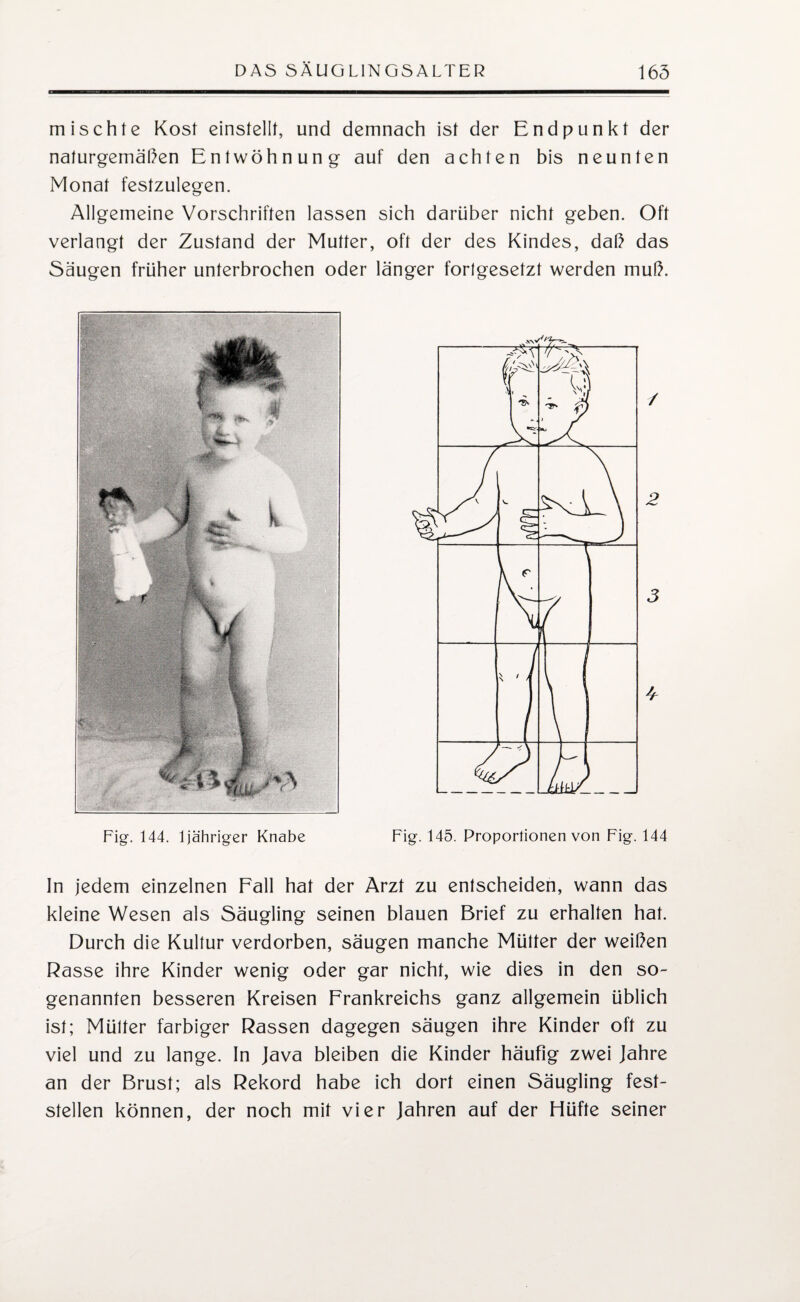 mischte Kost einstellt, und demnach ist der Endpunkt der naturgemäßen Entwöhnung auf den achten bis neunten Monat festzulegen. Allgemeine Vorschriften lassen sich darüber nicht geben. Oft verlangt der Zustand der Mutter, oft der des Kindes, daß das Säugen früher unterbrochen oder länger fortgesetzt werden muß. Fig. 144. ljähriger Knabe / £ 3 4 Fig. 145. Proportionen von Fig. 144 ln jedem einzelnen Fall hat der Arzt zu entscheiden, wann das kleine Wesen als Säugling seinen blauen Brief zu erhalten hat. Durch die Kultur verdorben, säugen manche Mütter der weißen Rasse ihre Kinder wenig oder gar nicht, wie dies in den so¬ genannten besseren Kreisen Frankreichs ganz allgemein üblich ist; Mütter farbiger Rassen dagegen säugen ihre Kinder off zu viel und zu lange. In Java bleiben die Kinder häufig zwei Jahre an der Brust; als Rekord habe ich dort einen Säugling fest¬ stellen können, der noch mit vier Jahren auf der Hüfte seiner